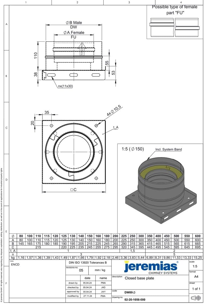 Jeremias DW-FU Grundplatte Edelstahl 600mm Doppelwandig Abgassystem CE-Zertifiziert Rustbrandbeständig Feuchteunempfindlich