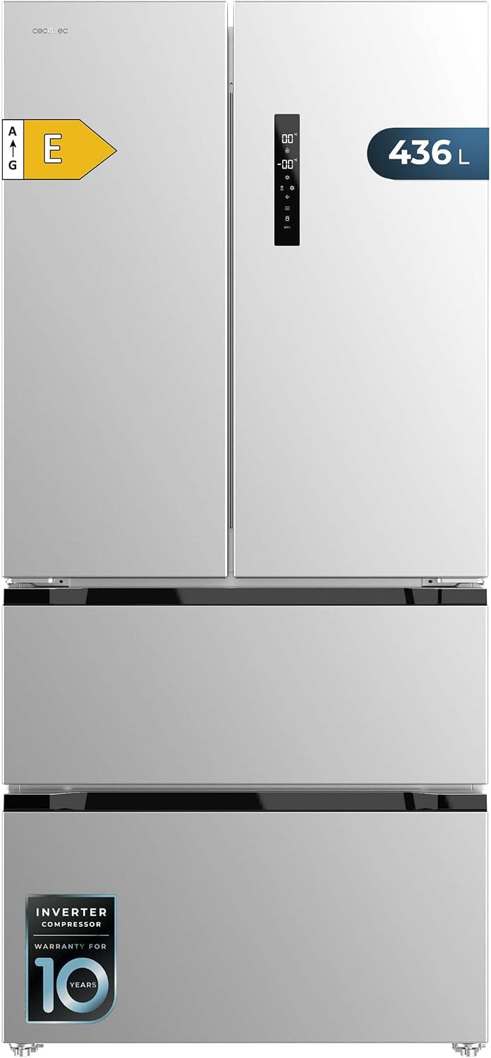 Cecotec Réfrigérateur Porte Française Inox 436L Bolero CoolMarket FD 436 Inox E, 183 x 83,6 cm, Basse Consommation, Compresseur Inverter Plus, Total No Frost, MultiAirFlow et Mode Vacances