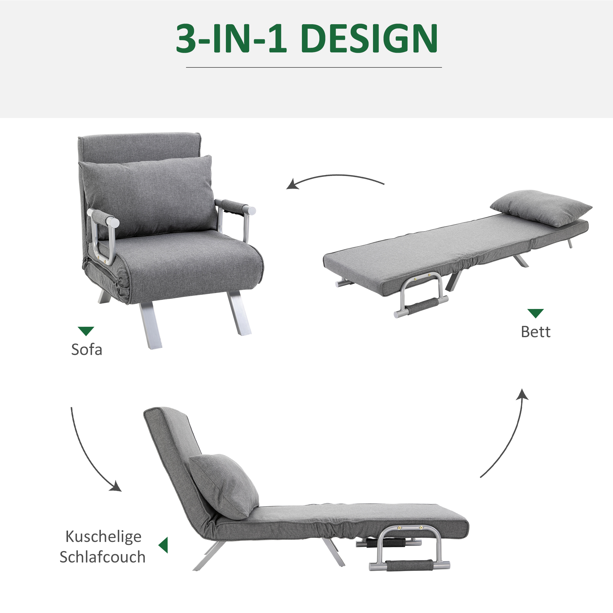 HOMCOM slaapbank met armleuningen slaapfauteuil logeerbed opklapbed chaise longue