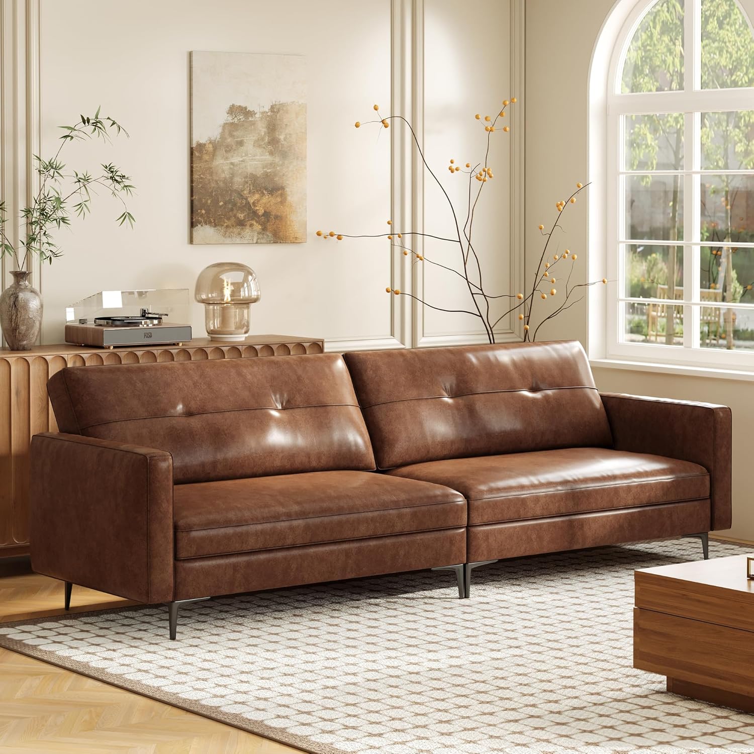 3-Sitzer Sofa in Vintage Lederoptik – Kompaktes Kunstleder Sofa mit Knopfheftung, Metallfüßen & Geraden Armlehnen, Braun – Retro Couch für Wohnzimmer, Büro oder kleine Wohnung (220cm Streifendesign)