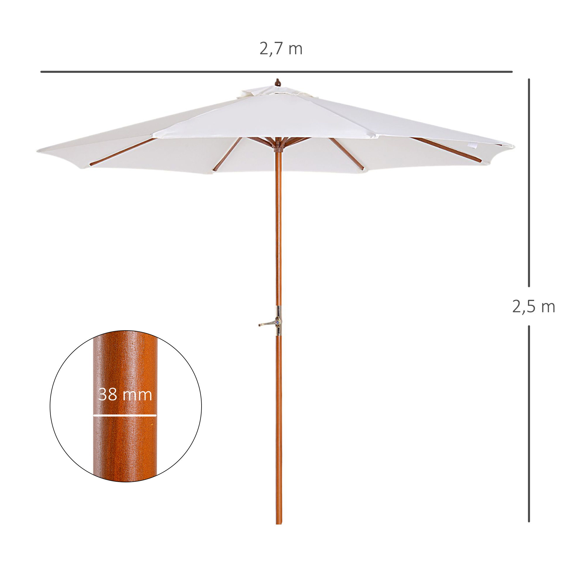 Zonnescherm tuinscherm houten parasol parasol met zwengel balkonparasol populierenhout �� 2,7 m