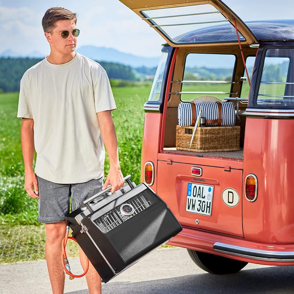 RÖSLE Gasgrill BBQ-Portable VIDERO G2-P, tragbarer Tischgrill mit 2 Edelstahlbrennern, Warmhalterost und Deckel mit Glaseinsatz sowie Deckelthermometer, pulverbeschichteter Stahl, 50 mbar, schwarz