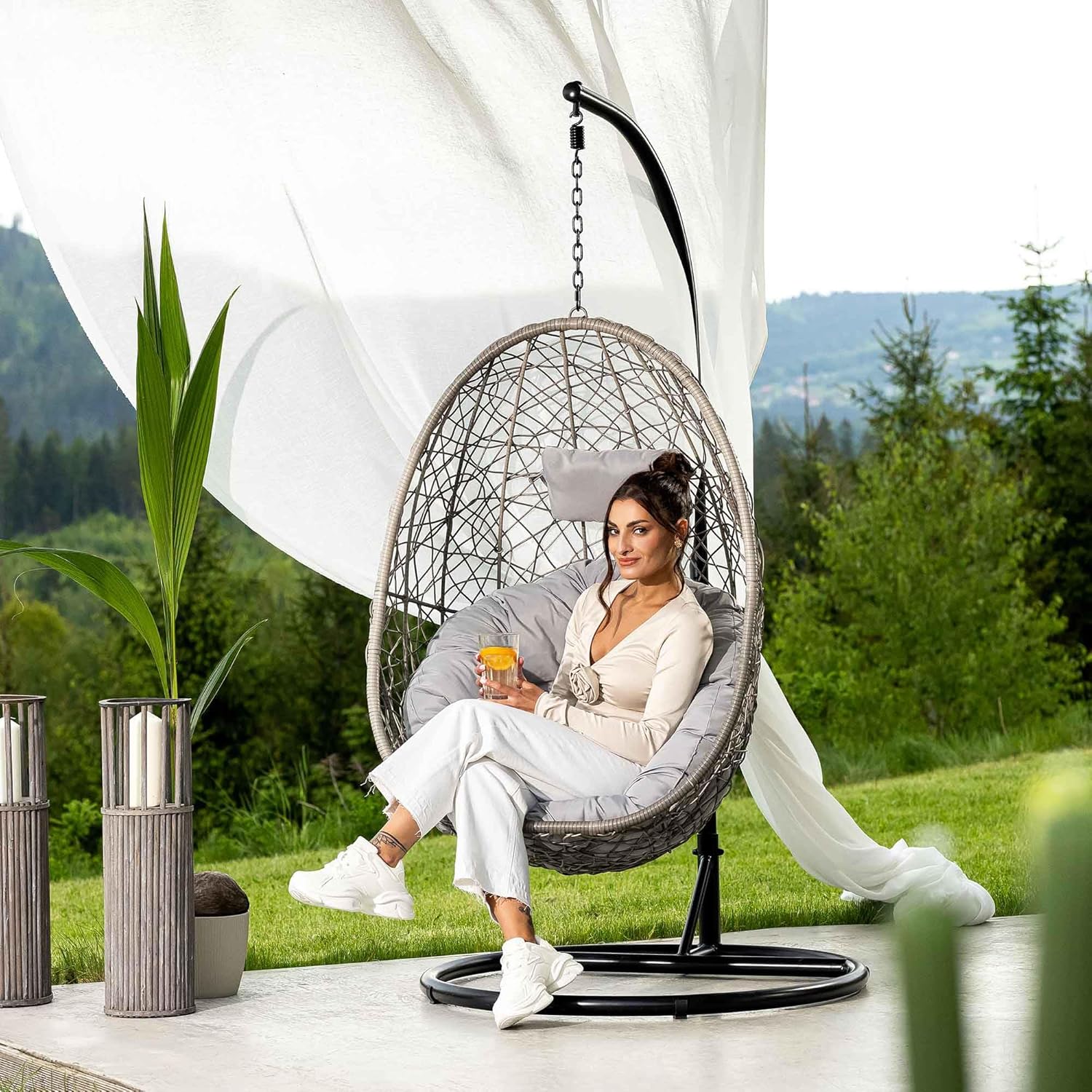 di volio Hängesessel BACOLI Hängekorb Hängeschaukel für Garten und Terasse inkl. Kissen + Fleecedecke (Grau/Grau)
