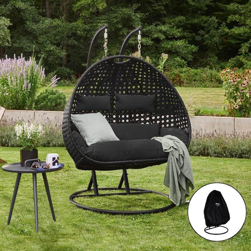 Home Deluxe - Hängesessel Twin - Schwarz, Höhe 195 cm - inkl. Regenabdeckung, Gestell, Sitz- und Rückenkissen I Polyrattan Hängestuhl Gartenschaukel Hängekorb