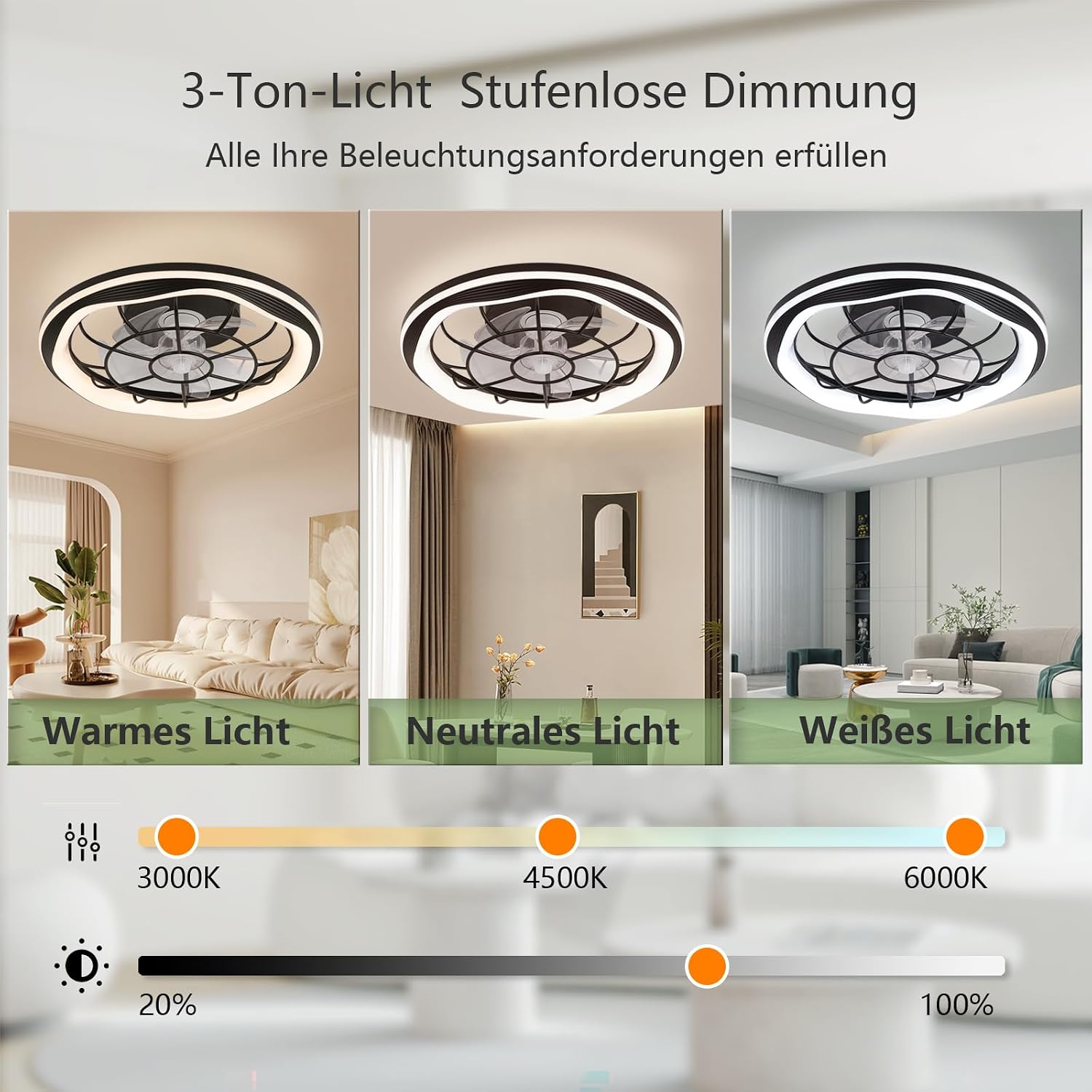 Leiser Deckenventilator mit Beleuchtung Schwarz, 50cm Deckenleuchte mit Ventilator, LED Deckenlampe mit Ventilator, Fernbedienung/APP, 6 Windstufen, 3 Farbtemperaturen, für Schlafzimmer Wohnzimmer
