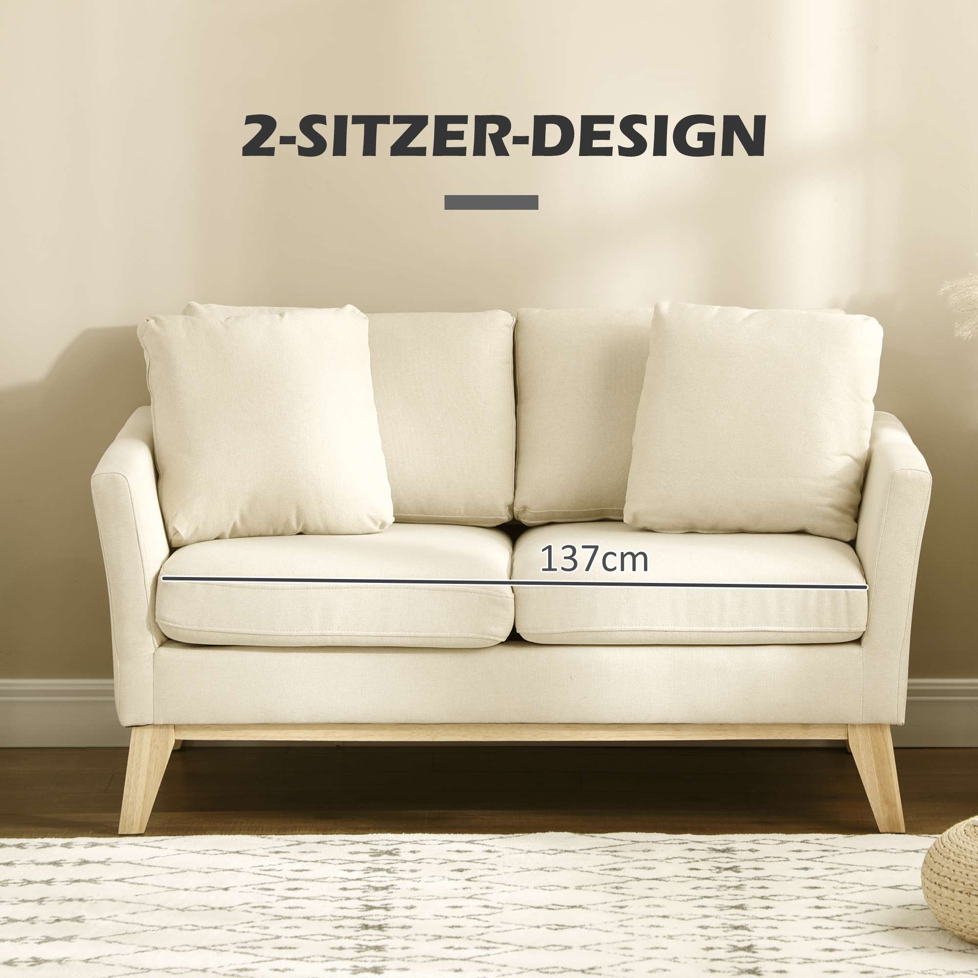 2-zitsbank, Scandinavisch design, 2 sierkussens, frame van natuurlijk hout, beige, 137 x 78 x 78 cm
