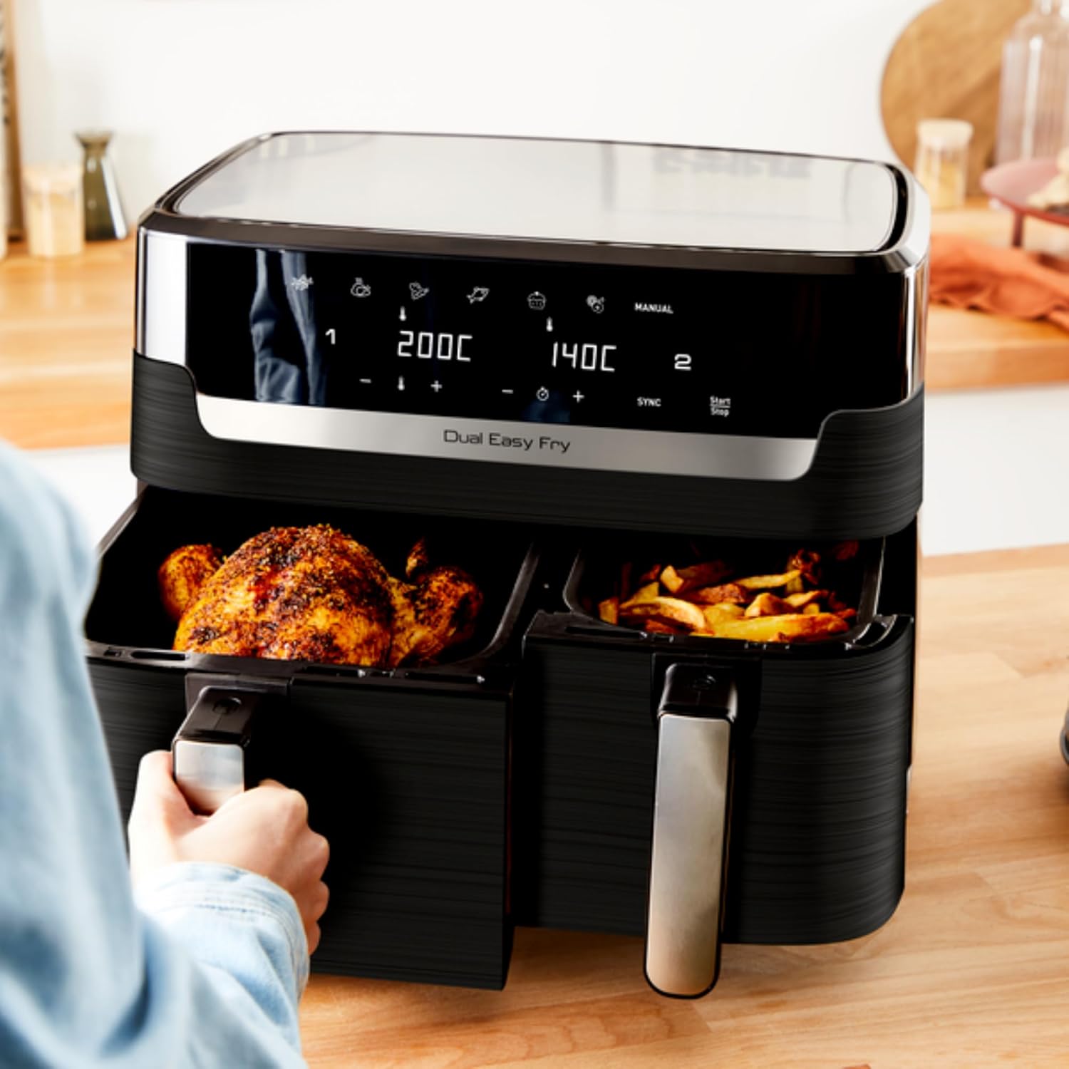 Tefal Dual Easy Fry Heißluftfritteuse Doppelkammer, 5,2/3,1 L Fassungsvermögen, zwei unabhängige Schubladen, 7 automatische Programme, energiesparend, schwarz, EY9018