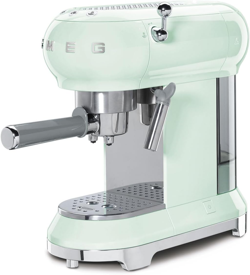 Smeg, ECF01PGEU Manual Espresso-Kaffeemaschine, Cappuccino -System, Thermoblock, groe Tassengehuse und Doppelkaffeefunktion, 1 l Wassertank, kompakte Abmessungen, 1350W, Pastellgrün