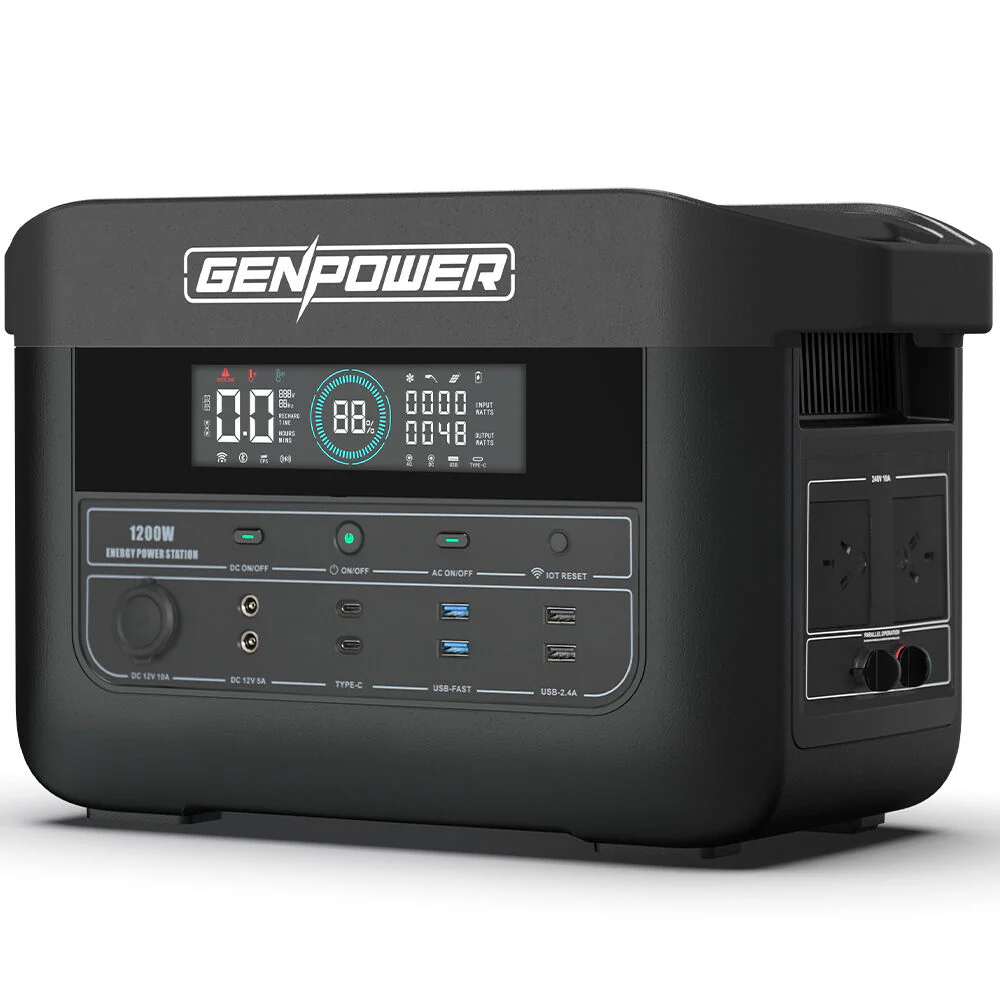 GENPOWER 1200W Portable Lithium Power Station 1075Wh LiFePo4, Multiple Voltage Output, 15W Wireless Charger, Ideal for Camping, Home Backup and Power Tools
