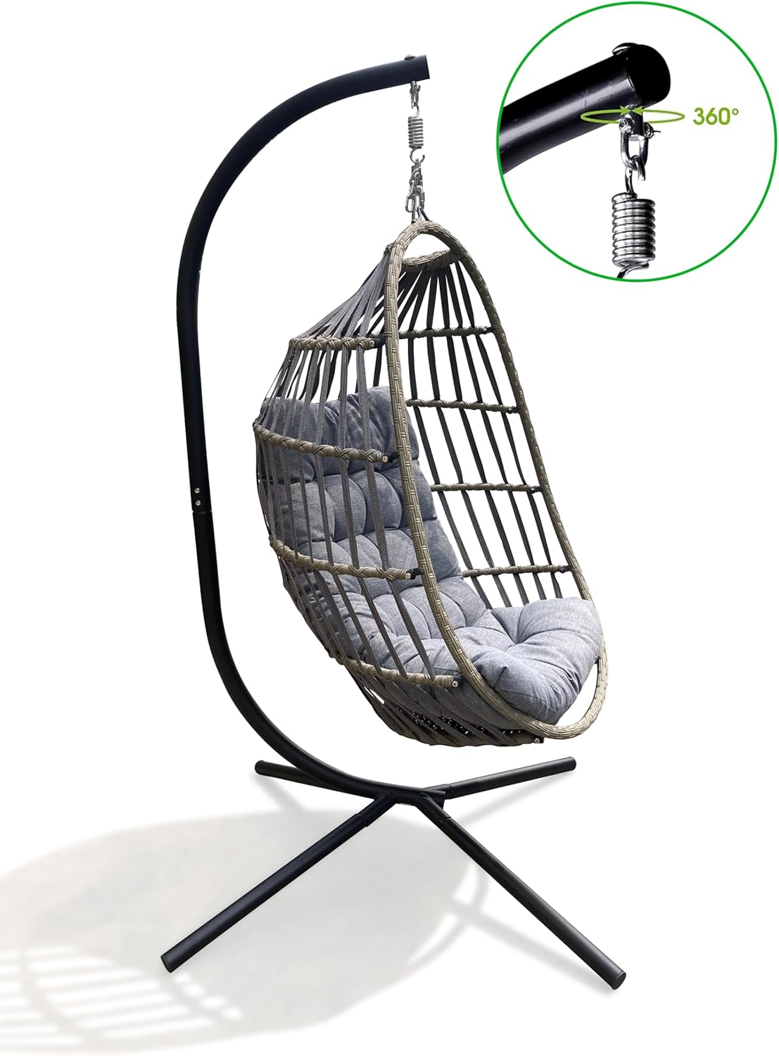 Hängesessel mit Gestell für Wohnzimmer,Garten und Balkon Geräumiger Hängekorb XXXL Größen:126HX84WX64D cm-Keine Raumunterdrückung Gefühl Premium Qualität Nylon/Polyrattan gewebt Inkl.Grau Kissen