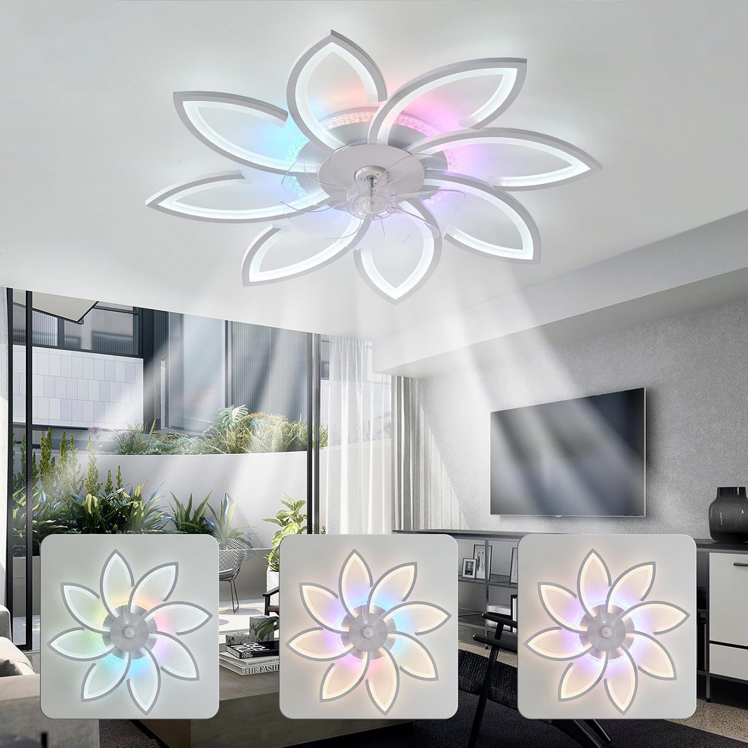 87CM Weißer Blumen-Deckenventilator Mit Licht, Dimmbar RGB Farbwechselndes Modern Fan Lampe Mit Ventilator Mit Fernbedienung/APP DC Motor 6 Geschwindigkeit Für Schlafzimmer Wohnzimmer