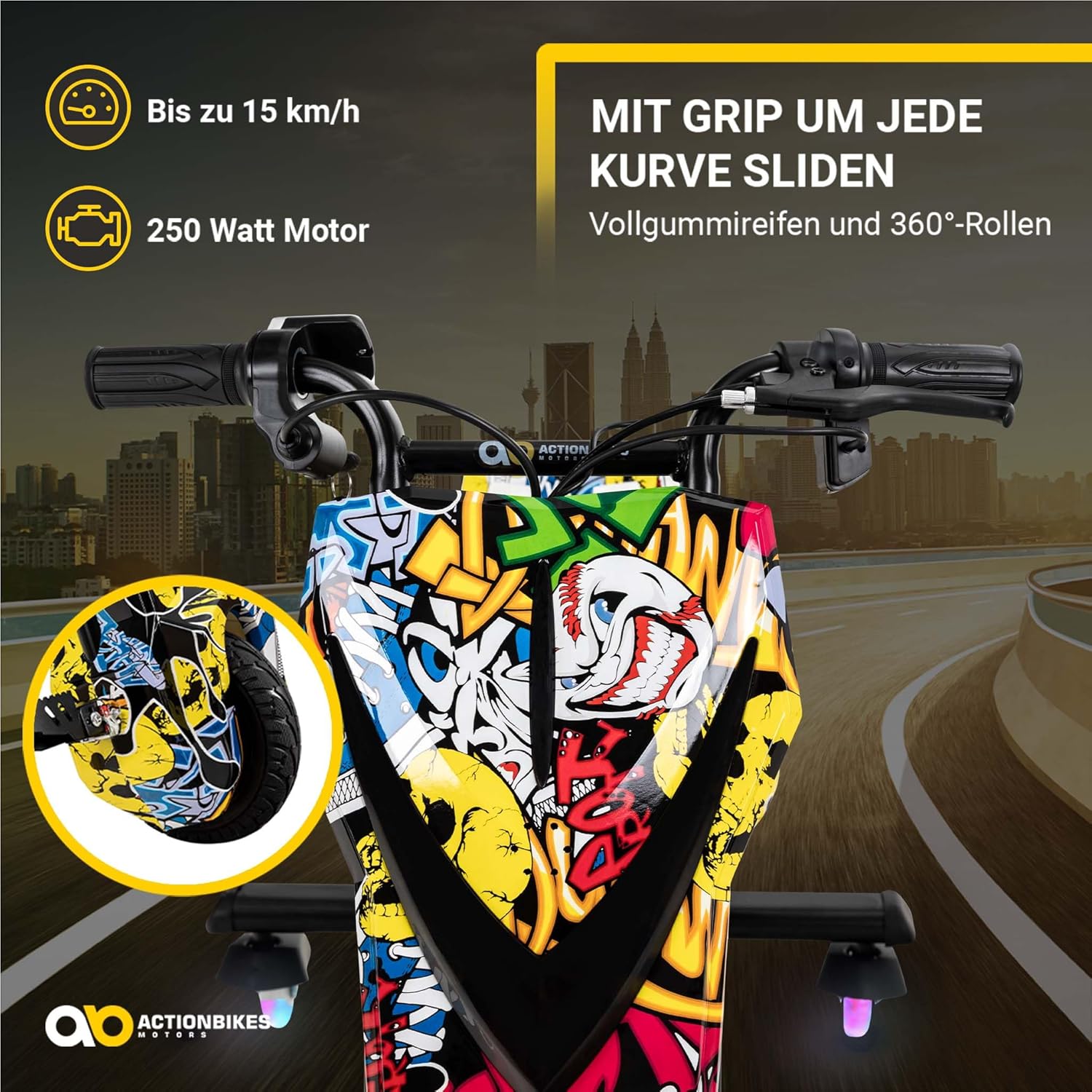 Actionbikes Motors Kinder Elektro Driftscooter | 𝟐𝟓𝟎 Watt Motor - Drift Cart 360°- 3 Geschwindigkeitsstufen - LED-Beleuchtung - Sitz verstellbar - Bluetooth - Drift Kart - Drift Auto (Space Purple)