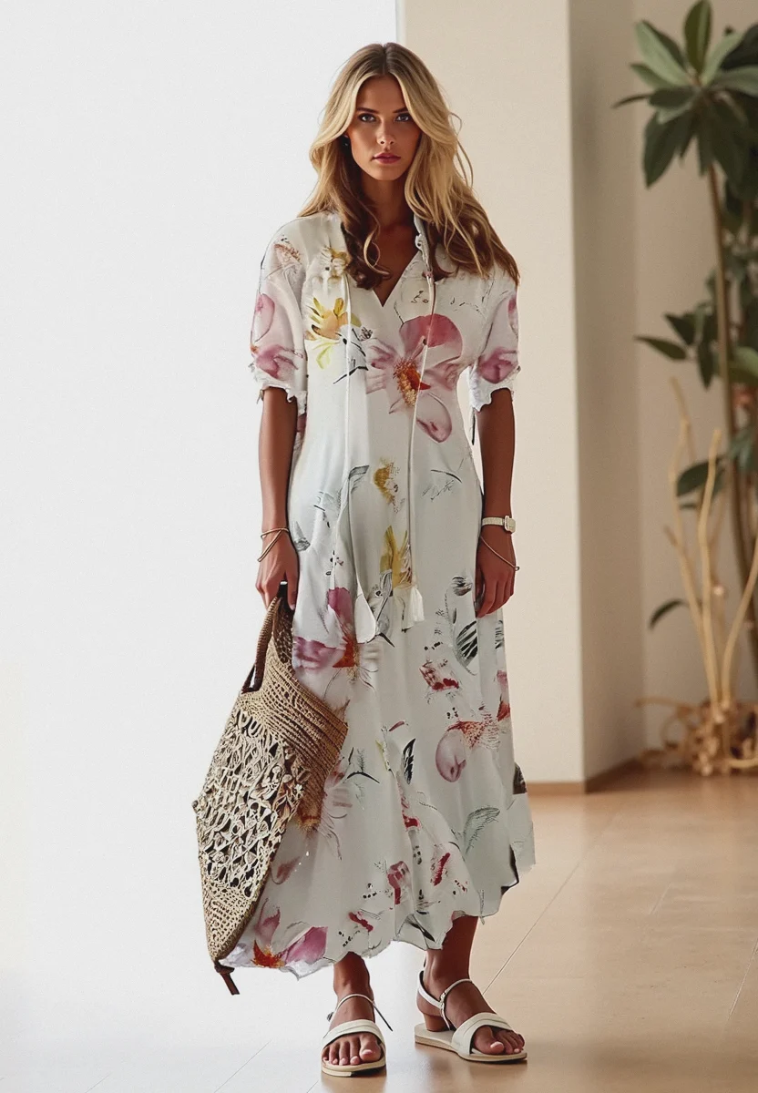 Damen Maxikleid im Boho-Stil �C Luftiges Sommerkleid mit kurzen ?rmeln & entspannter Passform �C Ideal f��r Strand & Freizeit