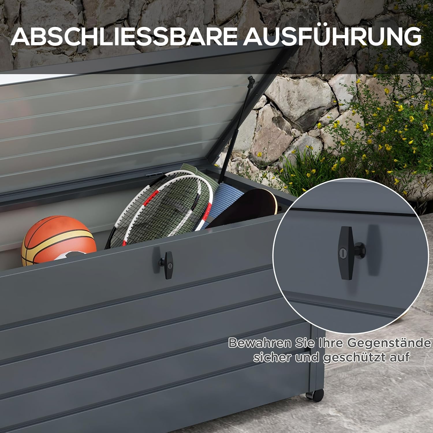 Outsunny Gartenbox Metall 311 Liter Auflagenbox mit Griffen Rollen Schloss Wasserdicht Abschließbar Gartentruhe Outdoor Kissenbox wetterfest Aufbewahrungsbox für Garten Balkon 120 x 62cm Dunkelgrau