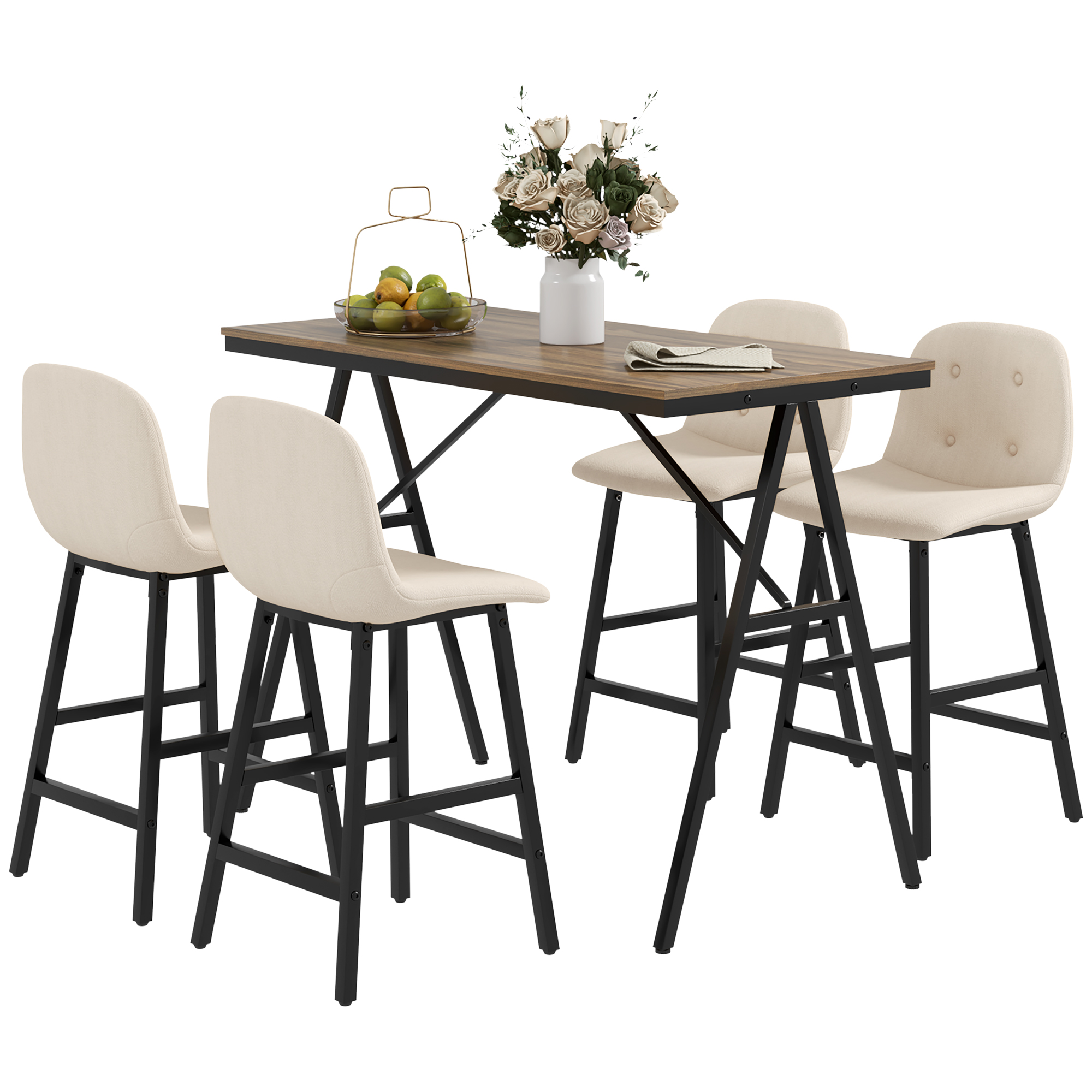 5-delige Bargarnituur, Tafel en 4 Stoelen, Knoopstiksel, Dikke Bekleding, Linnenlook, Beige