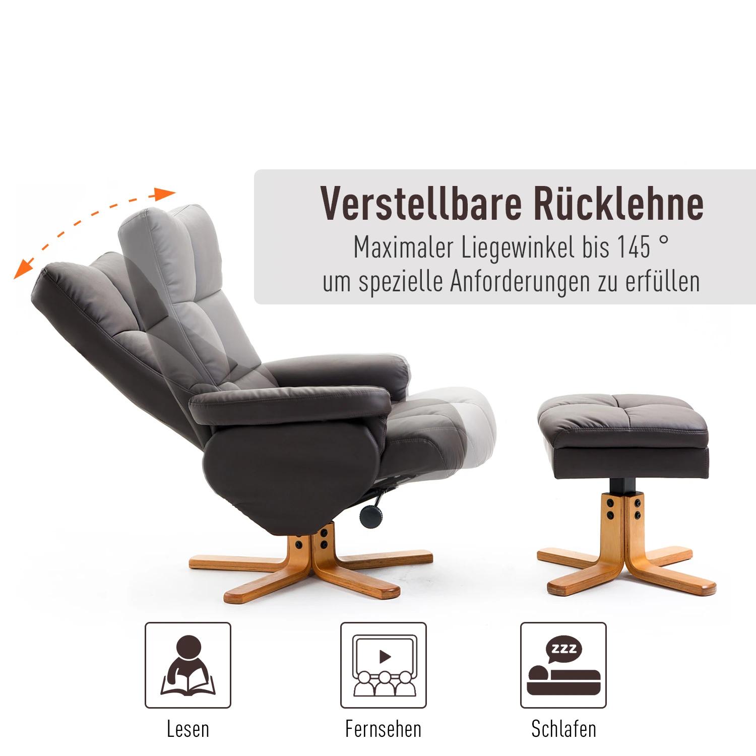 Relaxstoel met kruk tv-stoel 360�� draaibaar ligfunctie hout bruin