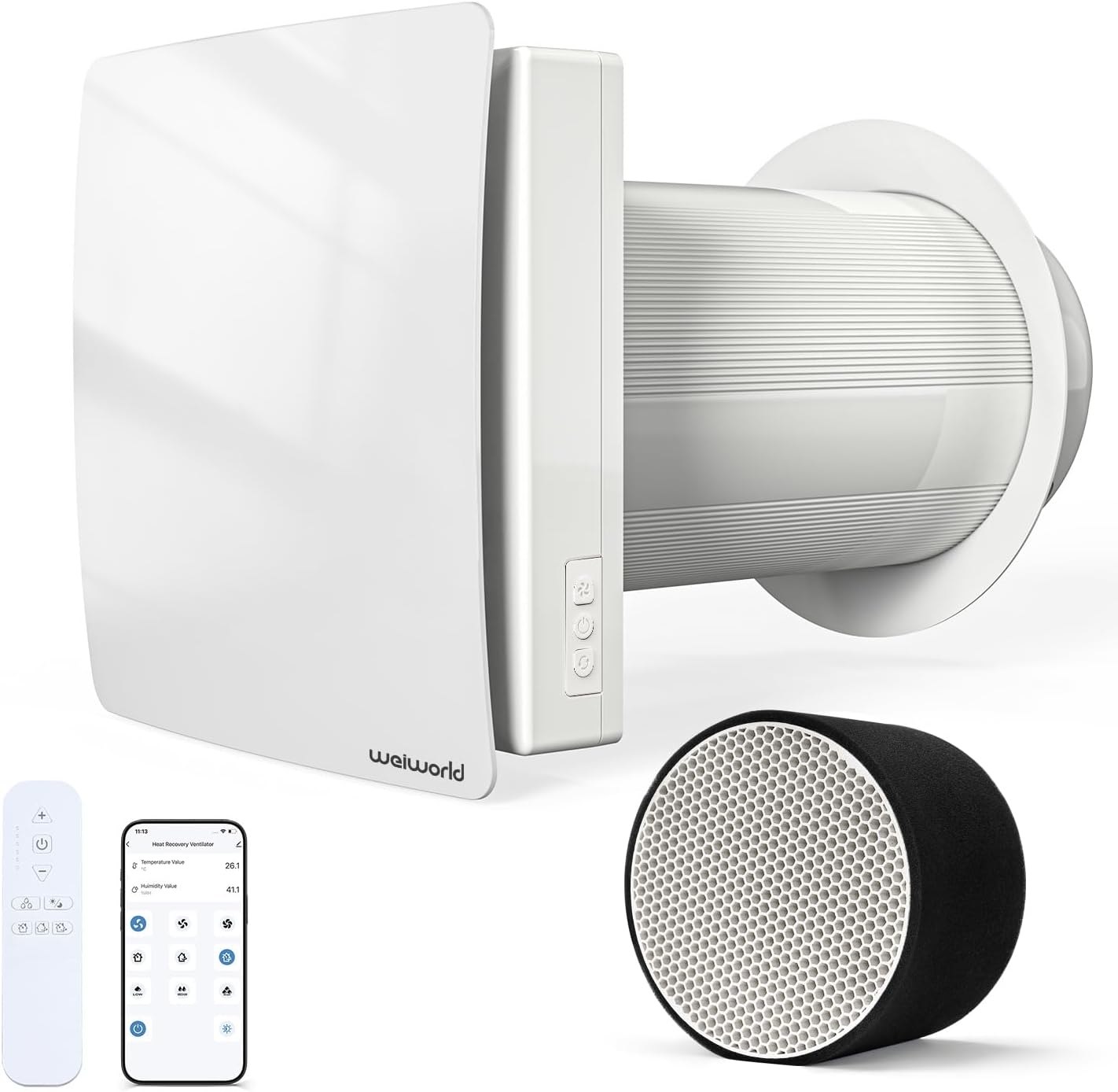 VT501 Dezentrale Wohnraumlüftung mit Wärmerückgewinnung, 150 mm Wandlüfter mit Keramik-Wärmetauscher, WLAN & Fernbedienung, EC-Motor, Zuluft/Abluft, für Schlafzimmer, Keller, Garage