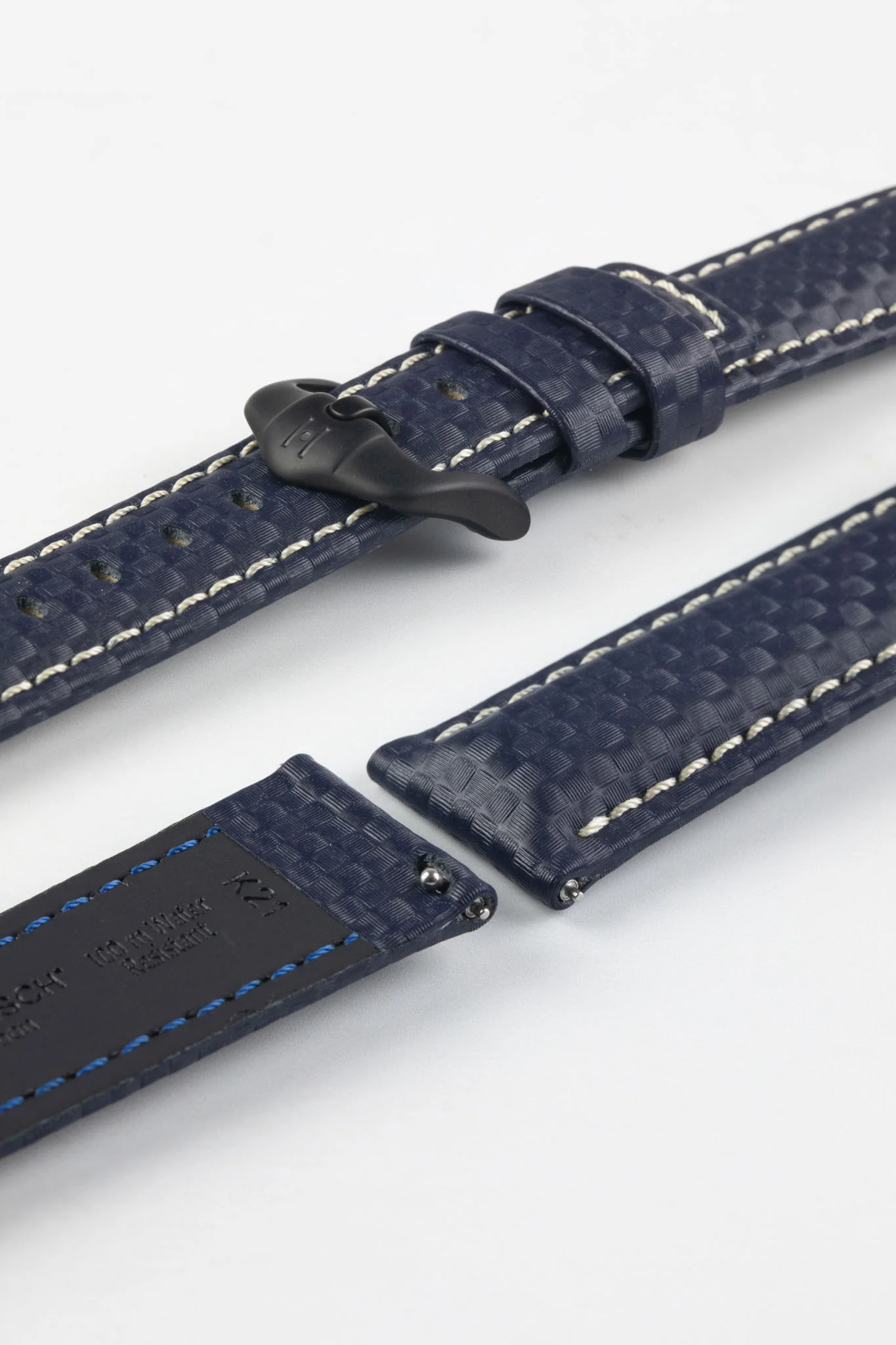 Hirsch CARBON Embossed Water-Resistant Leather Watch Strap in BLUE