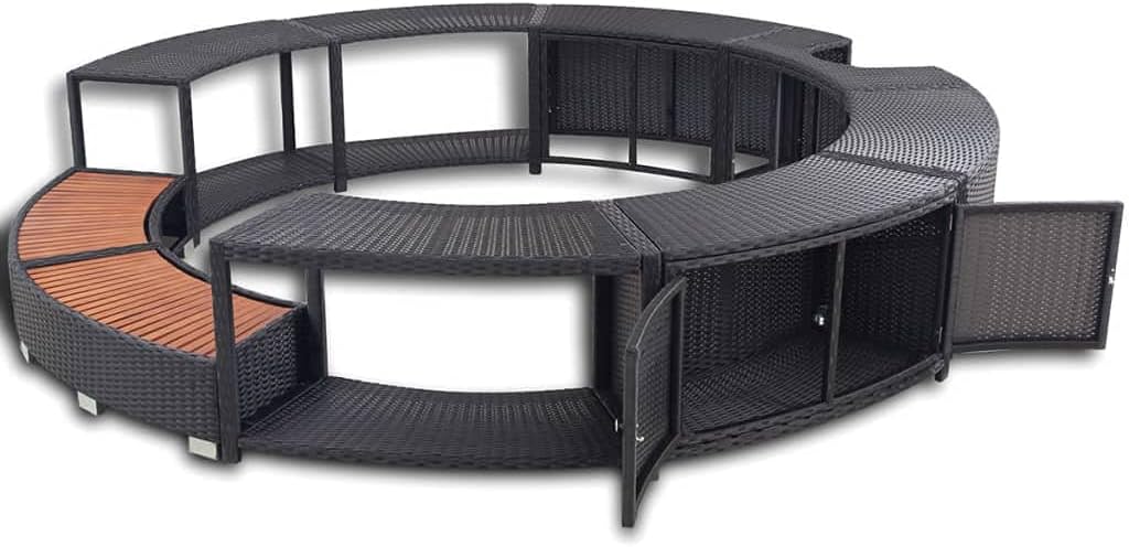 Hommdiy Umrandung mit Stauraum für Whirlpool Spa Schwimmbecken Poolumrandung Poly Rattan Schwarz Hartholz Rund Pulverbeschichteter Stahl Schwarz Schwimmbadwerbung, 41454110