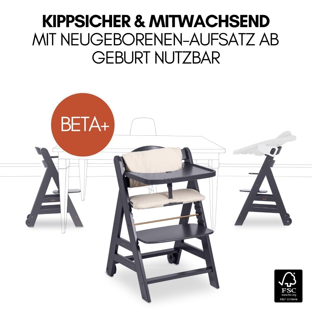 hauck Hochstuhl Beta+ Newborn Set Premium Dark Grey - Babyhochstuhl Set ab Geburt mit Neugeborenen Aufsatz Bouncer, Sitzpolster und Essbrett - Dark Grey