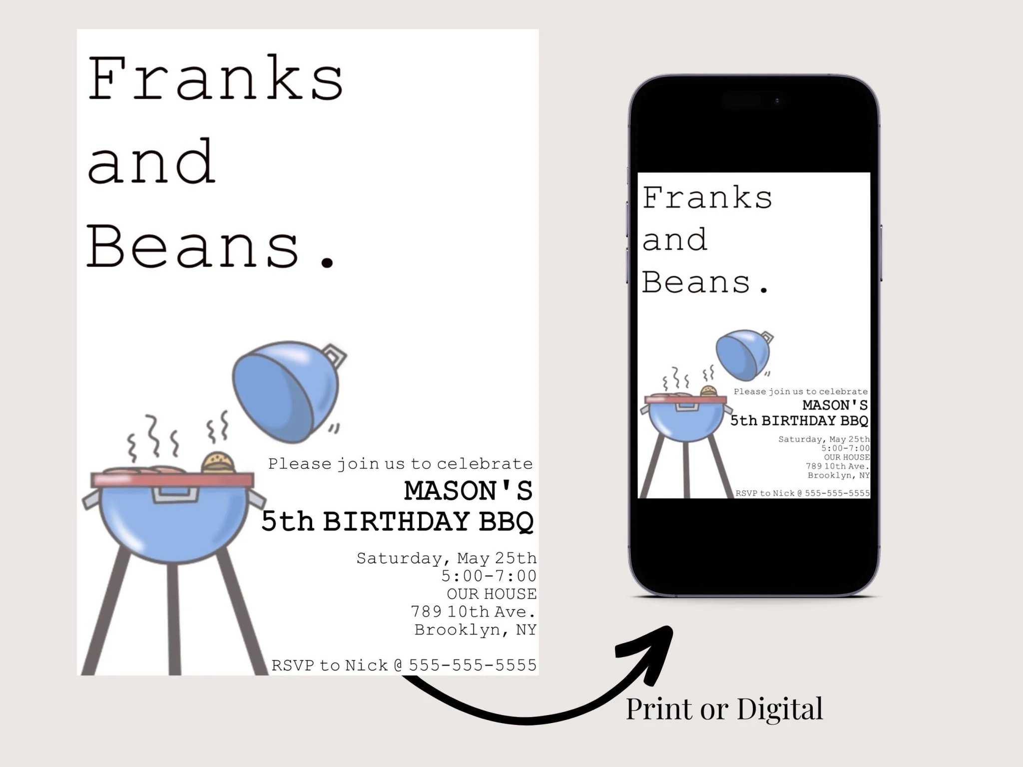 BBQ birthday invitation template | Summer Birthday Template | Franks and Beans theme | BBQ theme