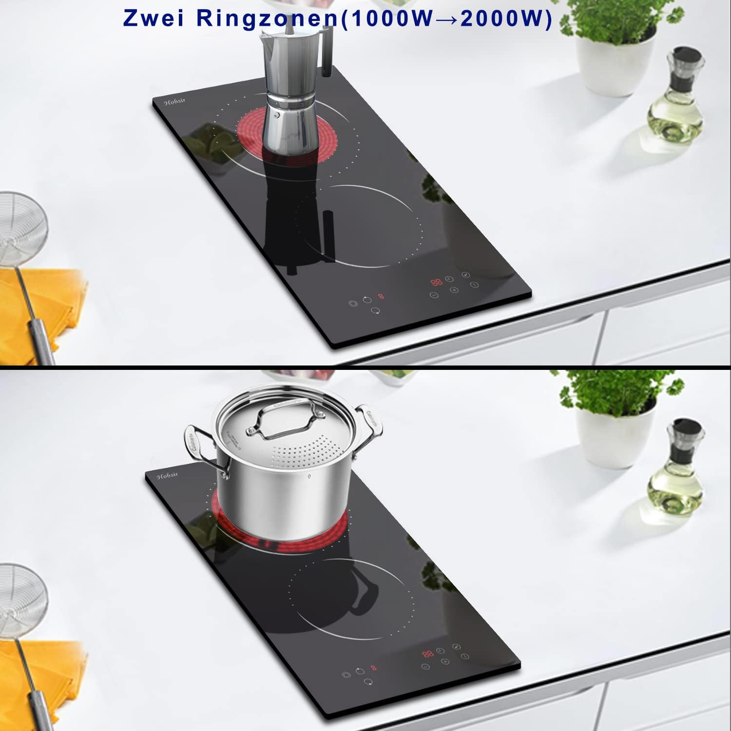 Glaskeramikkochfeld 4 Zonen Kochfelder Sensor-touch Control Kochfeld Autark 60cm, 6000W, 9 Leistungsstufe, verkabelt, kein Stecker