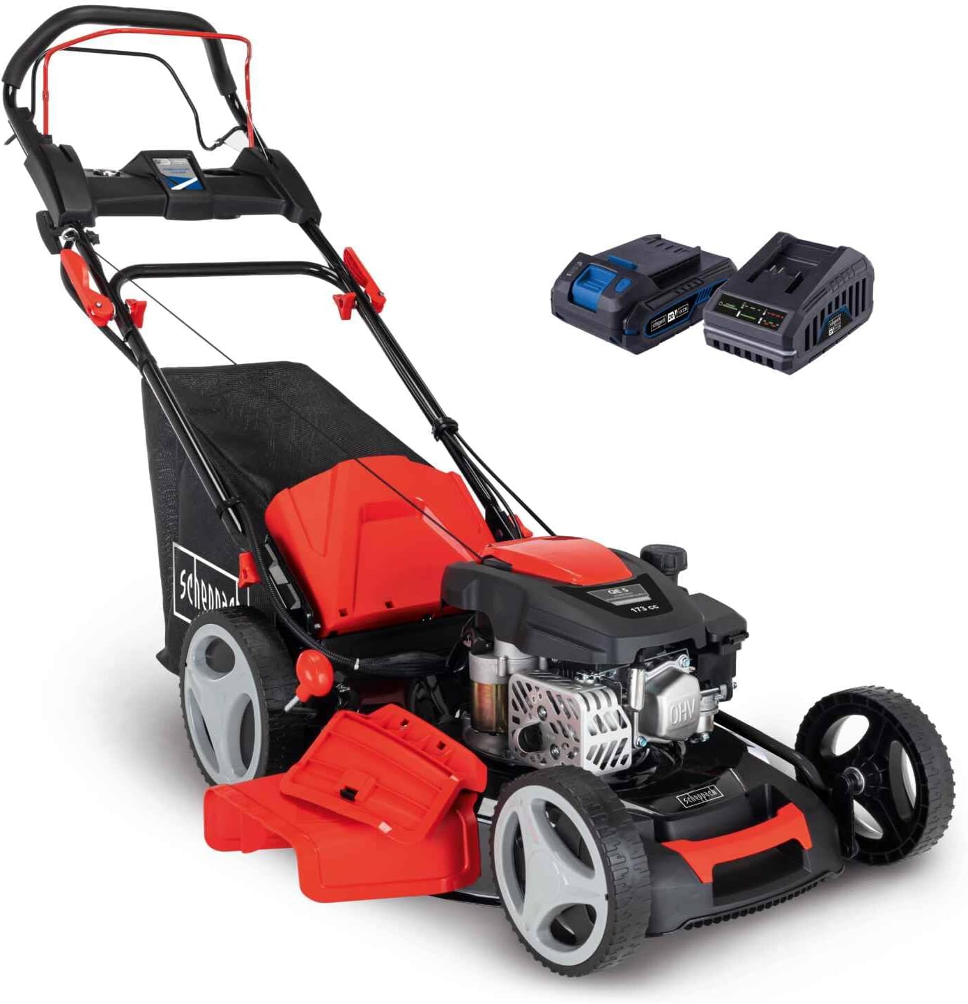 Scheppach MS173-51E Benzin Rasenmäher - 51cm Schnittbreite E-Start Reinigungsfunktion 65 Liter Fangkorb Stahlgehäuse 7-stufige Höhenverstellung Mulchfunktion Radantrieb Seitenauswurf