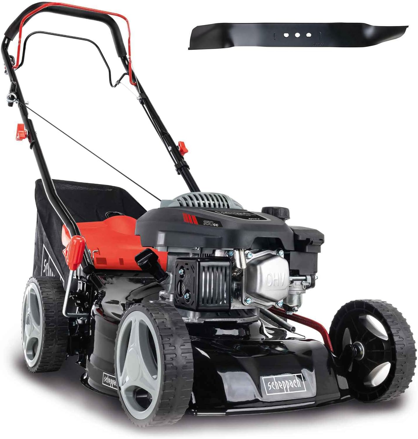 Scheppach Benzin Rasenmäher MS150-42 - 3,5PS | Schnittbreite 42cm | Radantrieb | Stahlgehäuse | Reinigungsfunktion | Mulchfunktion | 45 Liter Fangkorb | Höhenverstellung in 7 Stufen (25-75mm)