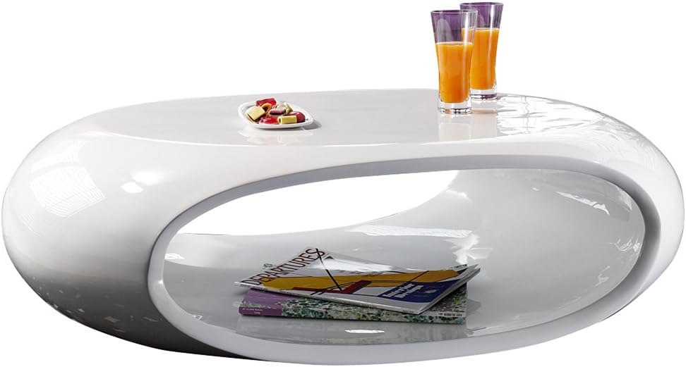 SalesFever Couch-Tisch Hochglanz weiß oval 100x70 cm aus Fiberglas | Ofu | Moderner Wohnzimmer-Tisch in Weiss mit Trendiger Optik durch High-Gloss Oberfläche 100cm x 70cm