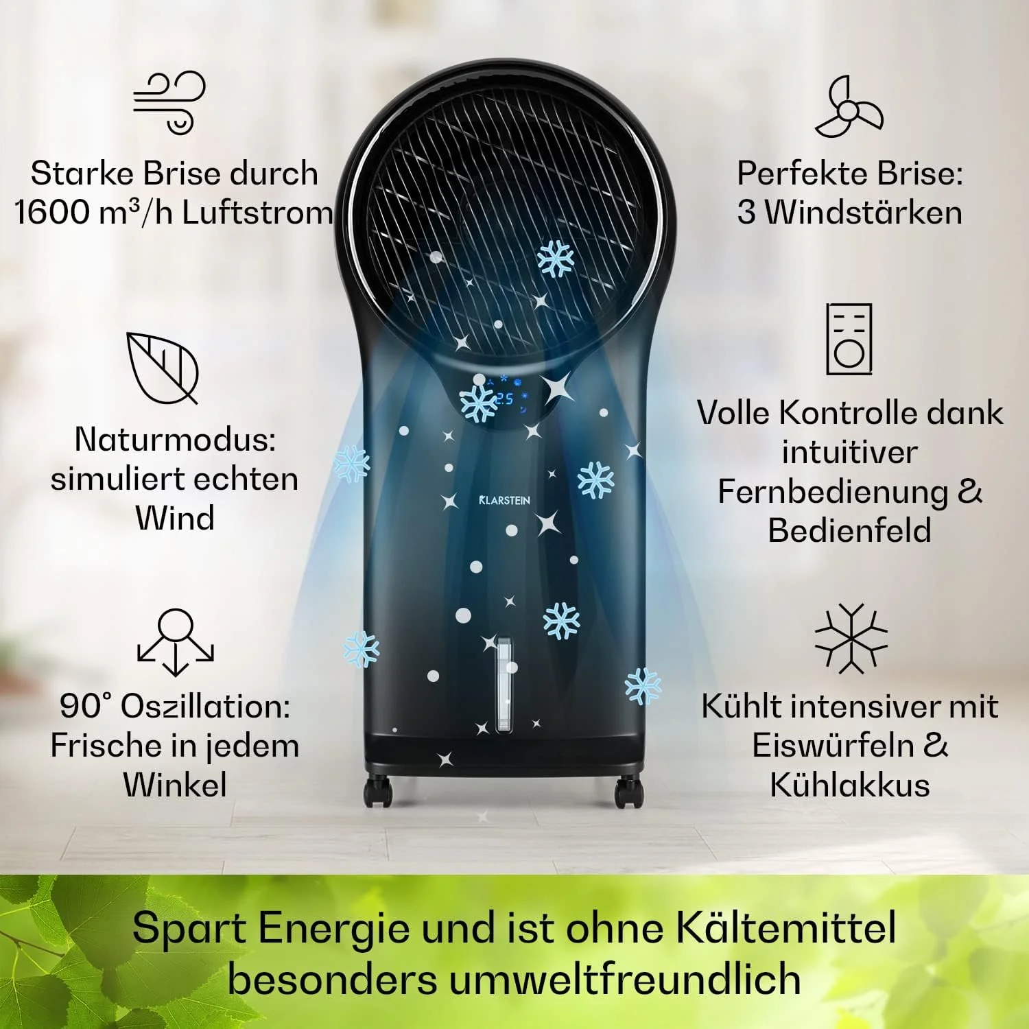 Klarstein Luchtkoeler met Waterkoeling, 3-in-1 Verdampingskoeler, Luchtbevochtiger & Ventilator, Mobiele Airconditioners Luchtkoeler met 5,5L Tank, 90W Air Cooler met Nachtmodus, 1600m3/u Luchtstroom