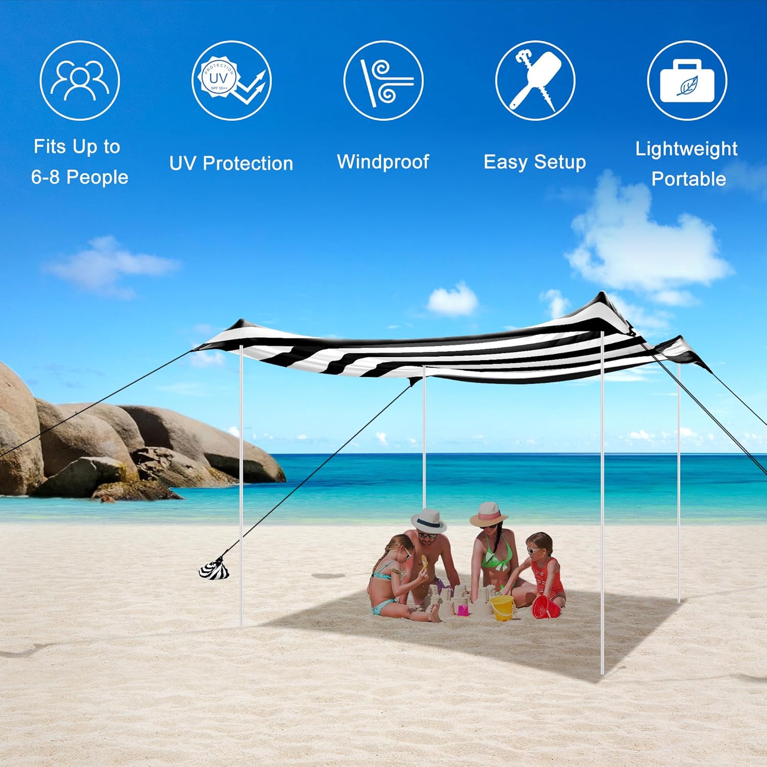 Strandzelt, Strandüberdachung, Sonnenschutz, UPF 50+, tragbarer 3 × 3 m, Camping-Sonnenschutz mit Sandsäcken, Stangen, Heringen und Anti-Wind-Seilen für Outdoor, Hinterhof, Picknicks, Angeln, Schwarz