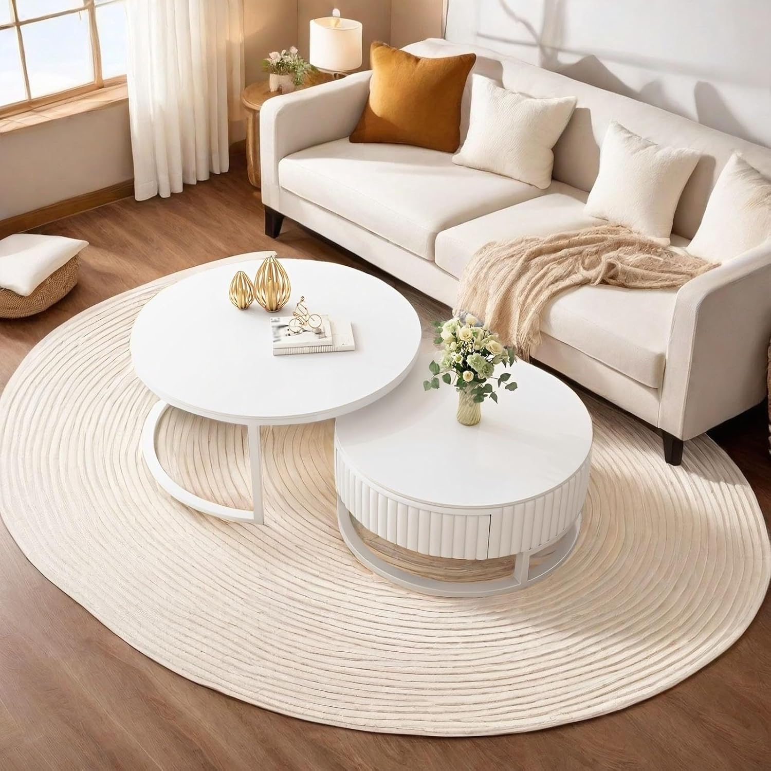 2er Set Couchtisch Rund Weiss 50+70cm Wohnzimmertisch Weiß Runder Couchtisch Mit Stauraum Marmor Beistelltisch Stabilem Metallgestel Satztische Fürs Wohnzimmer Einfache Aufbau Für Schlafzimmer Büro