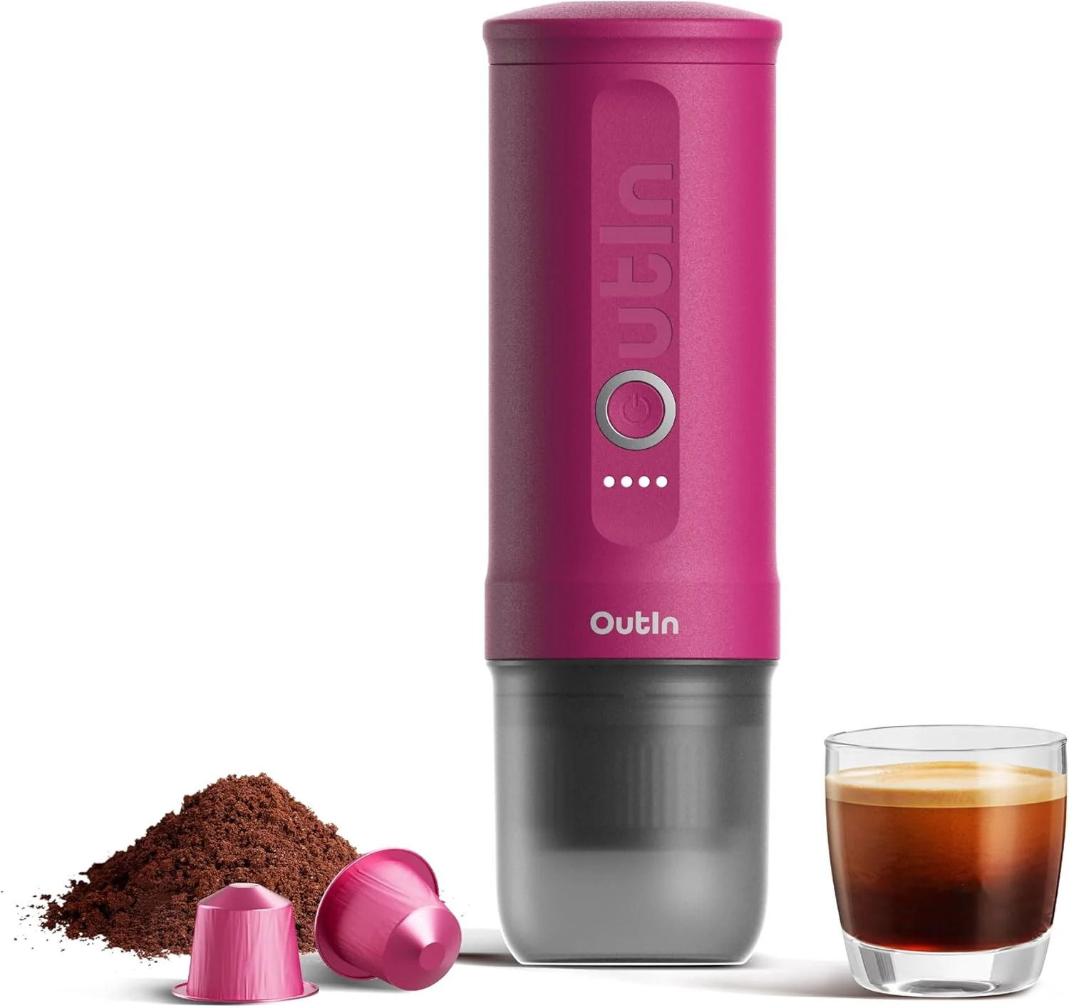OutIn Nano Draagbare Espressomachine met Batterij, voor onderweg of camping, Koffiezetapparaat to go, met elektrische zelfverwarming via USB - C, 2 in 1 voor gemalen koffie en NS - capsules