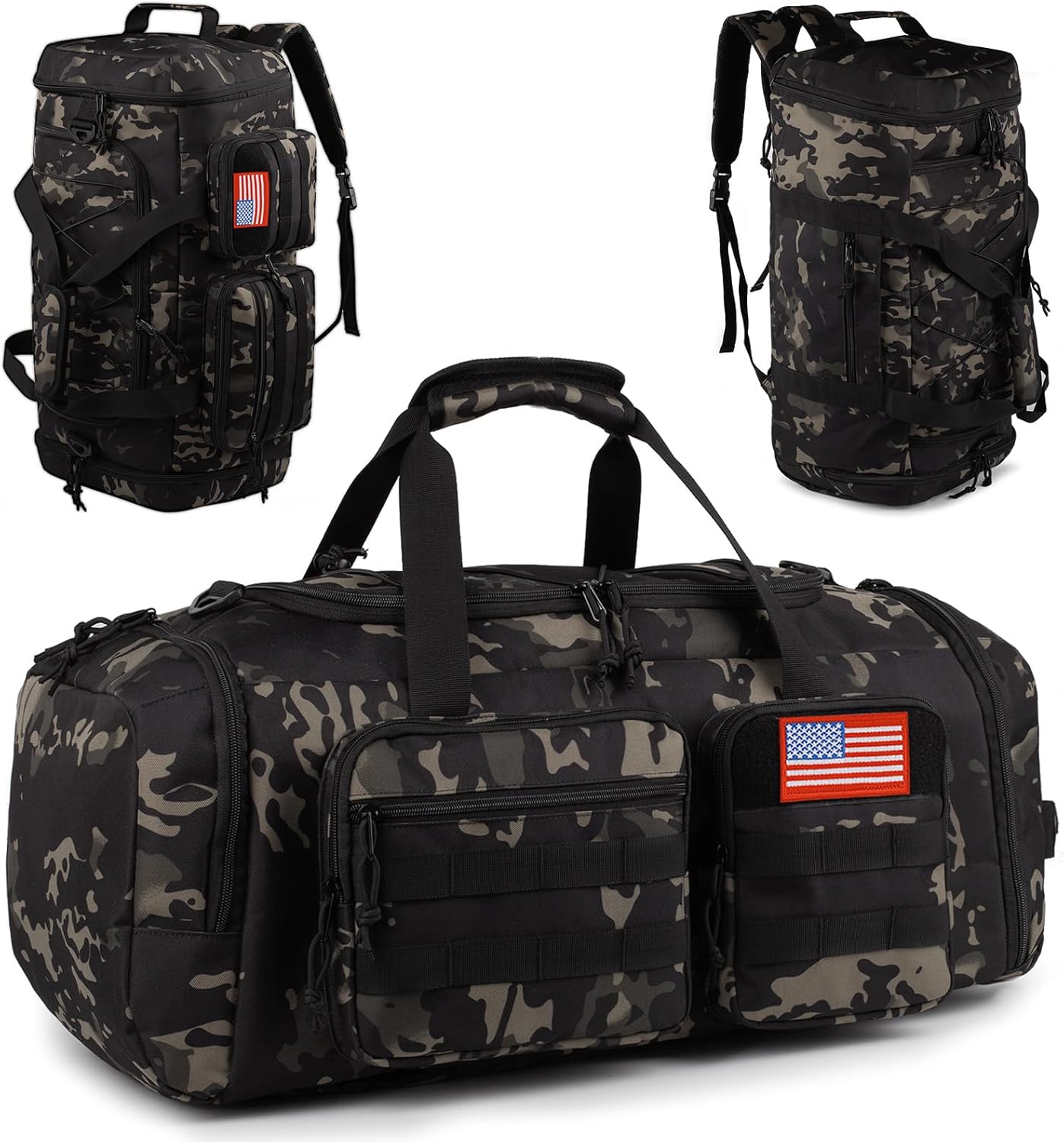 Taktische Sporttasche für Herren, 50 l, groß, 3-in-1-Sporttasche mit Schuhfach für Reisen, wasserabweisender Reiserucksack, Wochenendtasche, Übernachtungstasche mit Nassfach für Damen, Camouflage /
