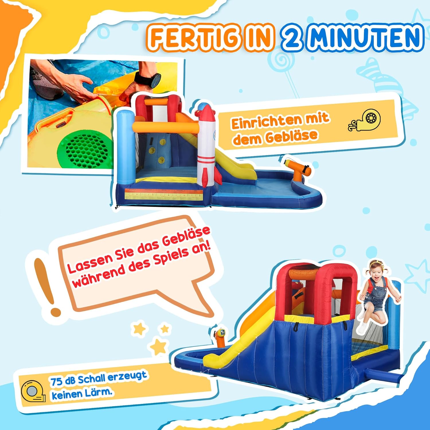 AIYAPLAY Dmuchany zamek z dmuchawą, zjeżdżalnią, brodzikiem, ścianką wspinaczkową, skokiem, armatą wodną, nadmuchiwany zamek z torbą do przenoszenia, do użytku wewnątrz i na zewnątrz, dla dzieci w