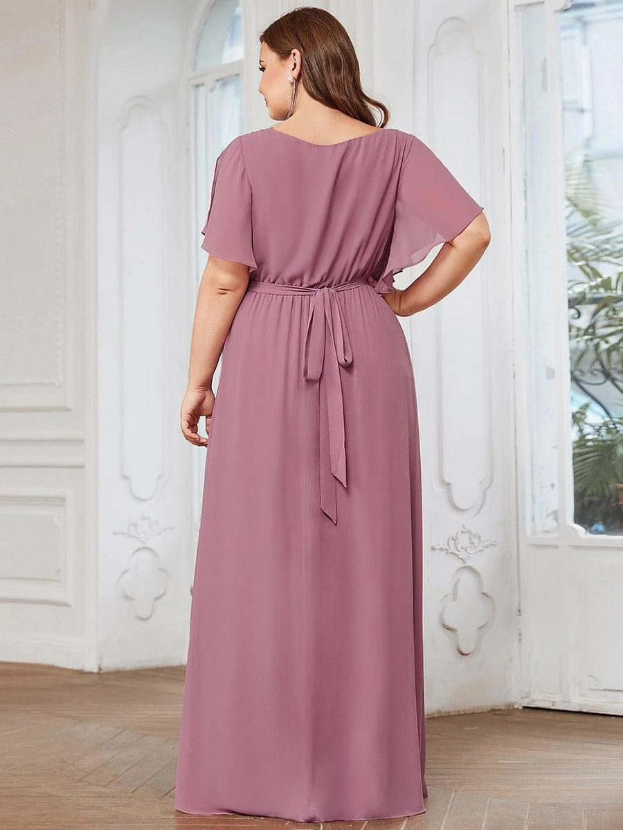 Abendkleid Damen Maxi A-Linie aus Chiffon | Festliches Kleid f��r Hochzeitsg?ste mit V-Ausschnitt und Fl��gel?rmeln