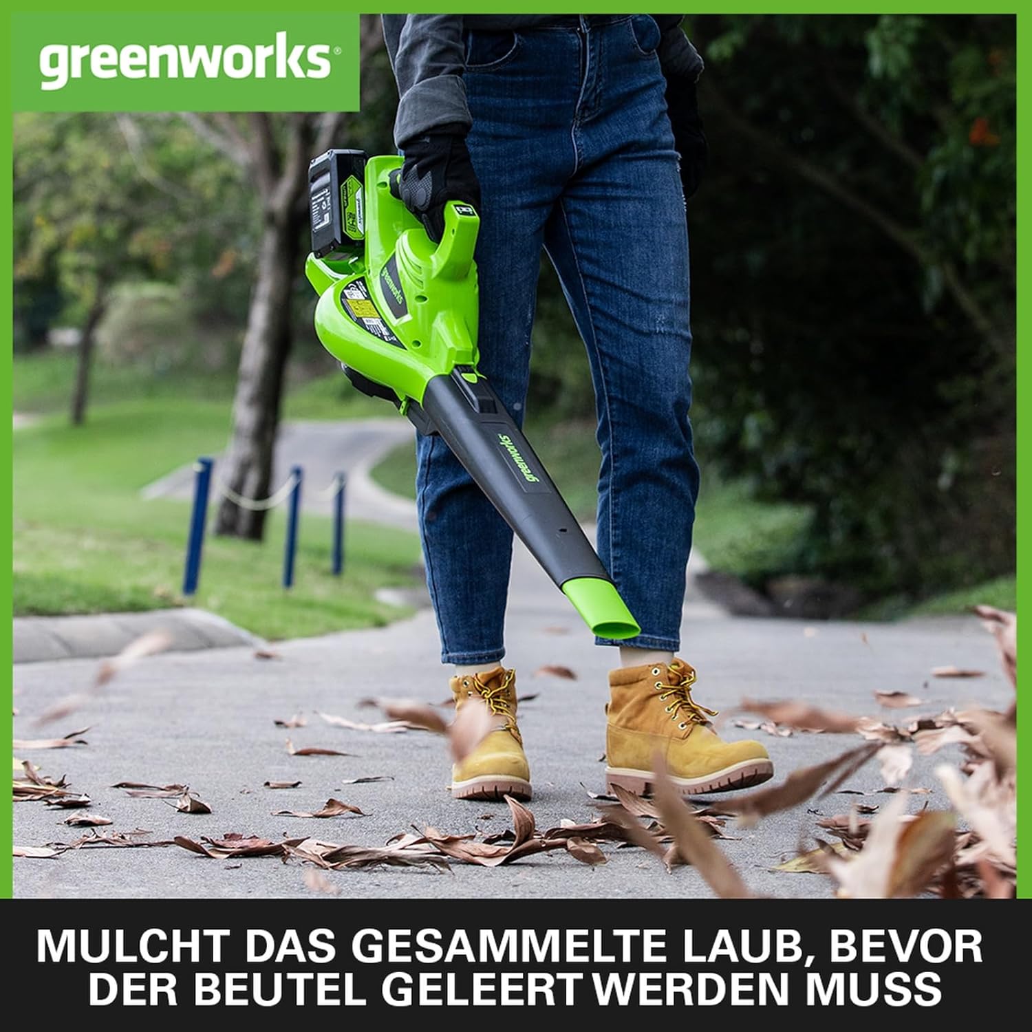 Greenworks 48V(2x24V) Akku Laubsauger / Laubblser mit Schultergurt, bürstenloser Motor, 322 km/h, 9 m/min, 45L Fangsack, zwei 4Ah Batterien & Ladegert, 3 Jahre Garantie GD24X2BVK4X
