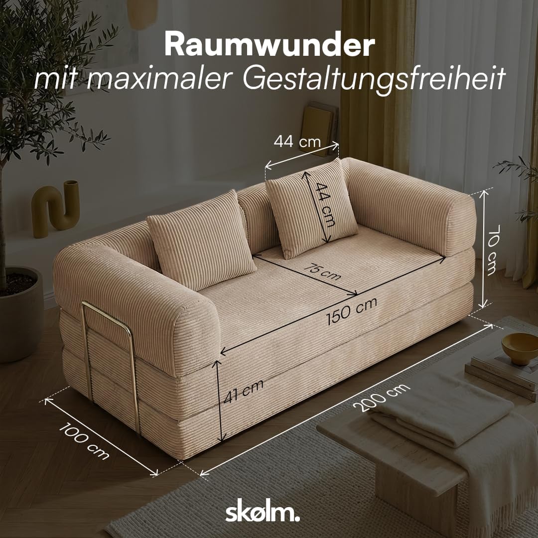 skølm Lofn Schlafsofa aus Cord – 2 Sitzer Couch ausklappbar zum Bodensofa – Vollschaumcouch in Taupe 200 cm breit – Klappsofa inkl. 2 Kissen & Stahlgestell – Cordsofa Wohnzimmer – Cloud Couch boneless | ohne Aufbau