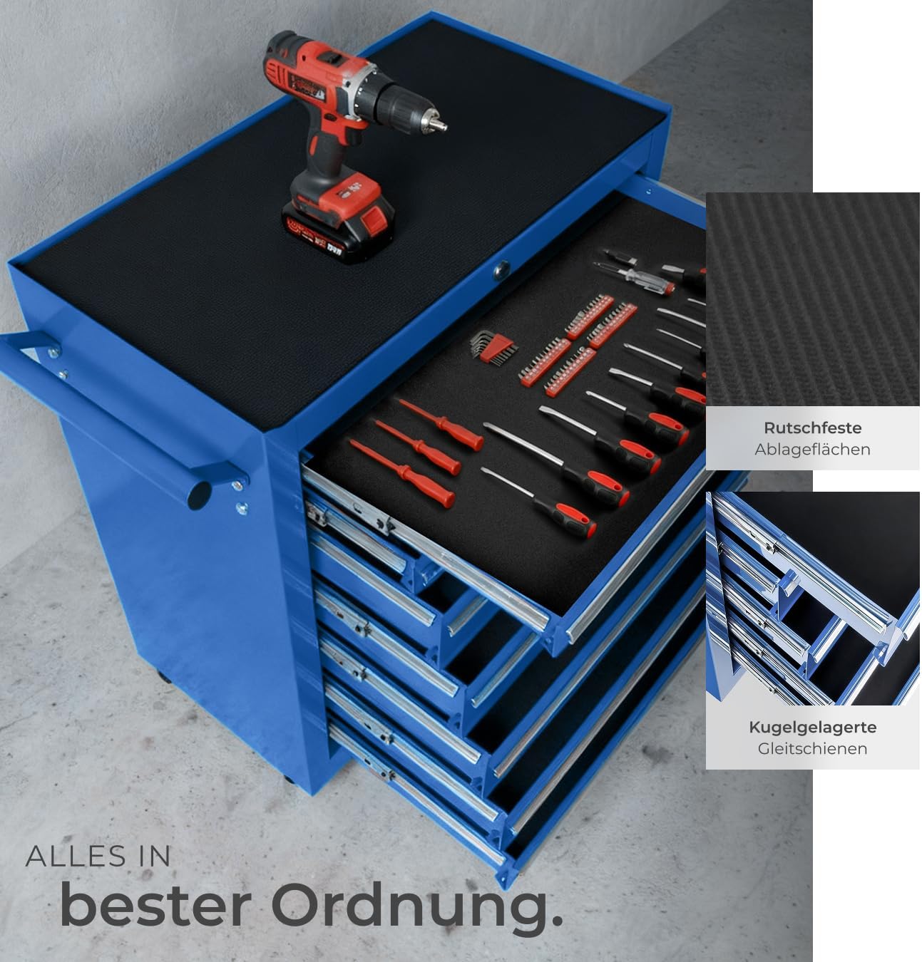 tectake Werkzeugwagen, Werkstattwagen, rollende Werkstatt, Werkzeugwagen leer, Werkzeugbox, 7 Schubfächer, 69 x 33 x 79 cm, Rollen mit Bremsen, inkl. 2 Schlüssel - blau