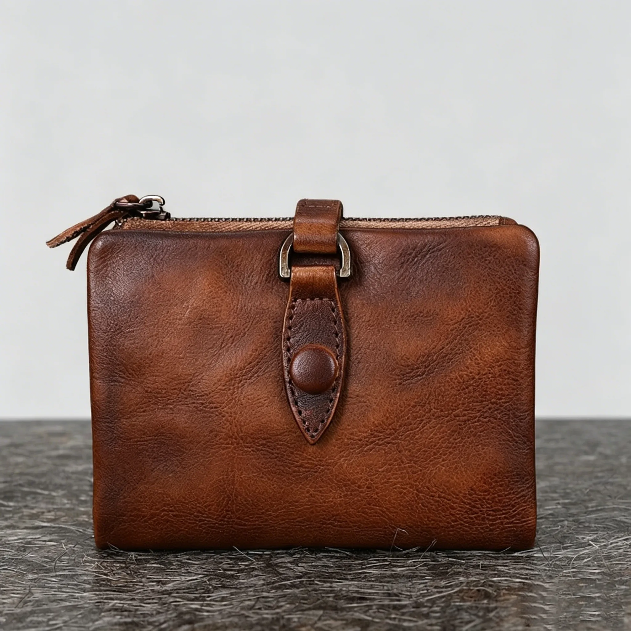 Retro Full-Grain Leather Zipper Wallet with Strap Detail