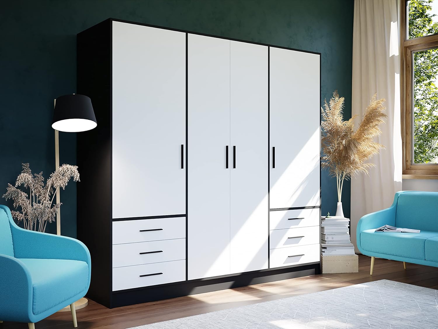 FORTE Jupiter Schrank 200 210, Kleiderschrank, Drehtürenschrank, 4-türig, mit 6 Schubladen und Einlegeböden, Schwarz Weiß, 206.5 cm breit x 60 cm tief x 200 cm hoch