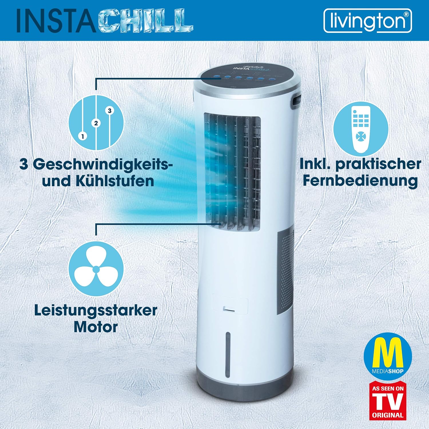 Livington InstaChill – Kühler mit Wasserkühlung – mobiler Luftkühler mit 3 Kühlstufen – Kühlgerät ohne Abluftschlauch für 12h Kühlung dank 8,5 L Tank