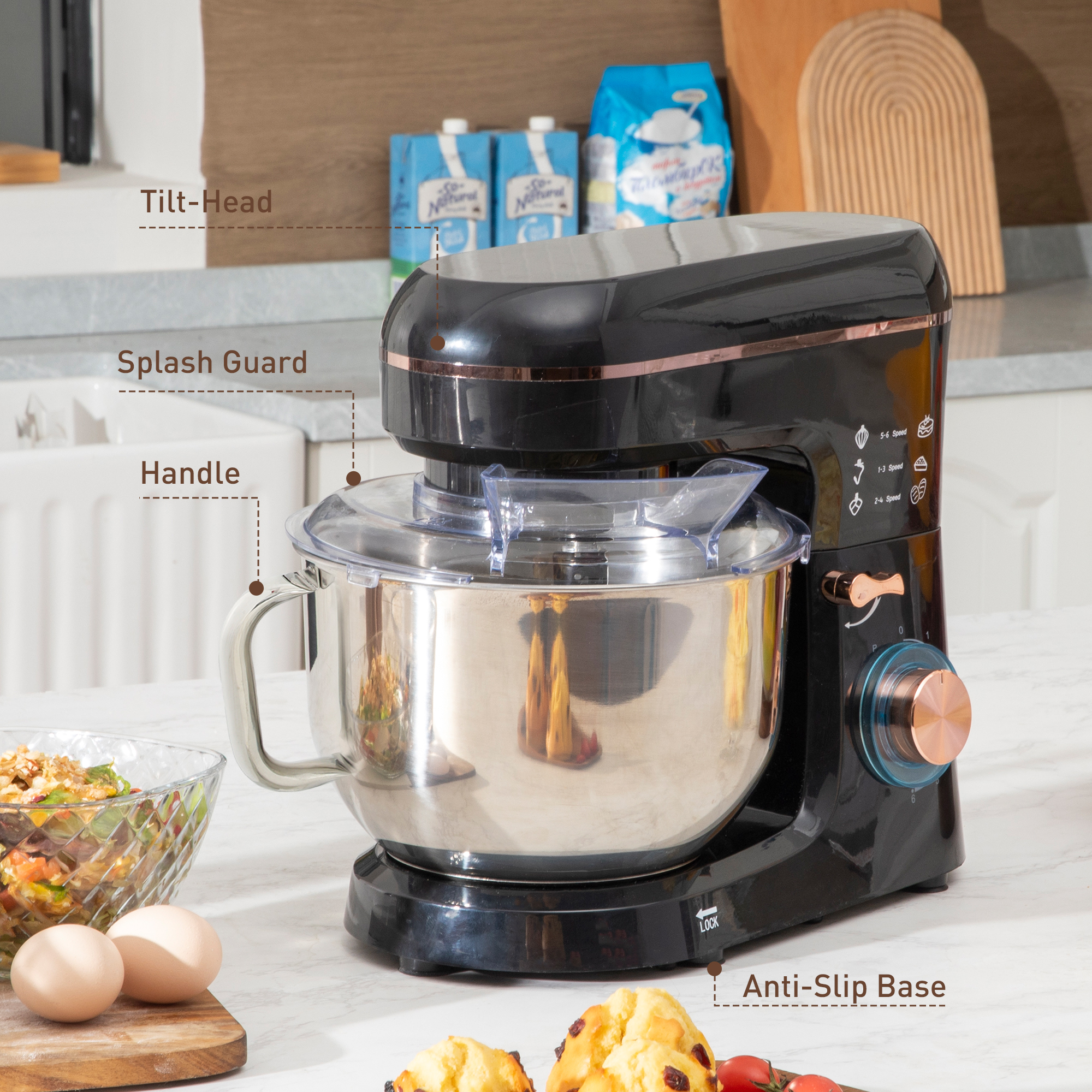 Staande Mixer, Keukenmachine, Mixer, 6 Standen, 5,5L Roestvrijstalen Kom, Zwart