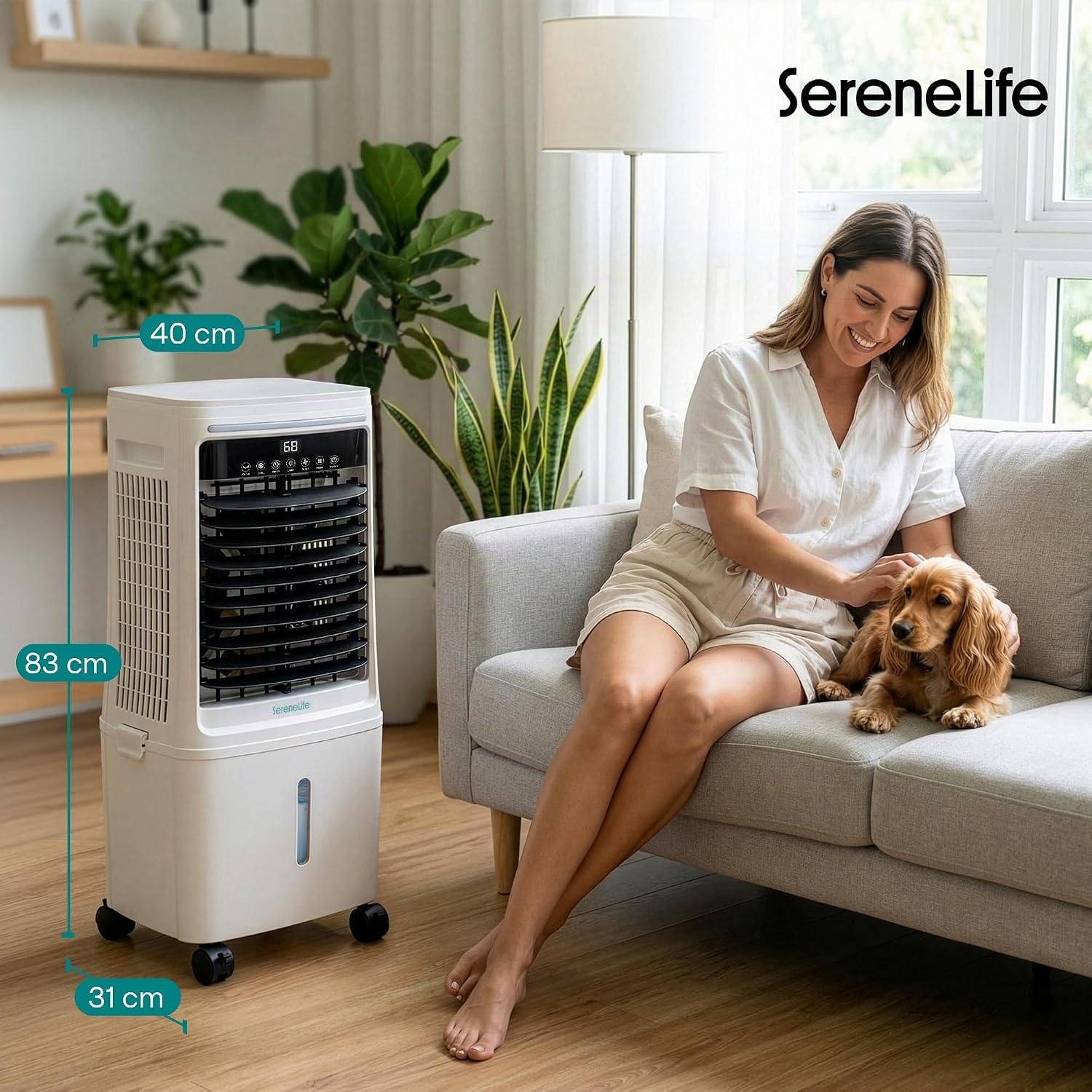 SereneLife Klimaanlage ohne Abluftschlauch, 25L Verdunstungsluftkühler für Große Räume, 1700 CFM, Kühlakku-Funktion, Timer Abnehmbarer Wassertank 80W, 60/120°Oszillation, Leise mit Rollen