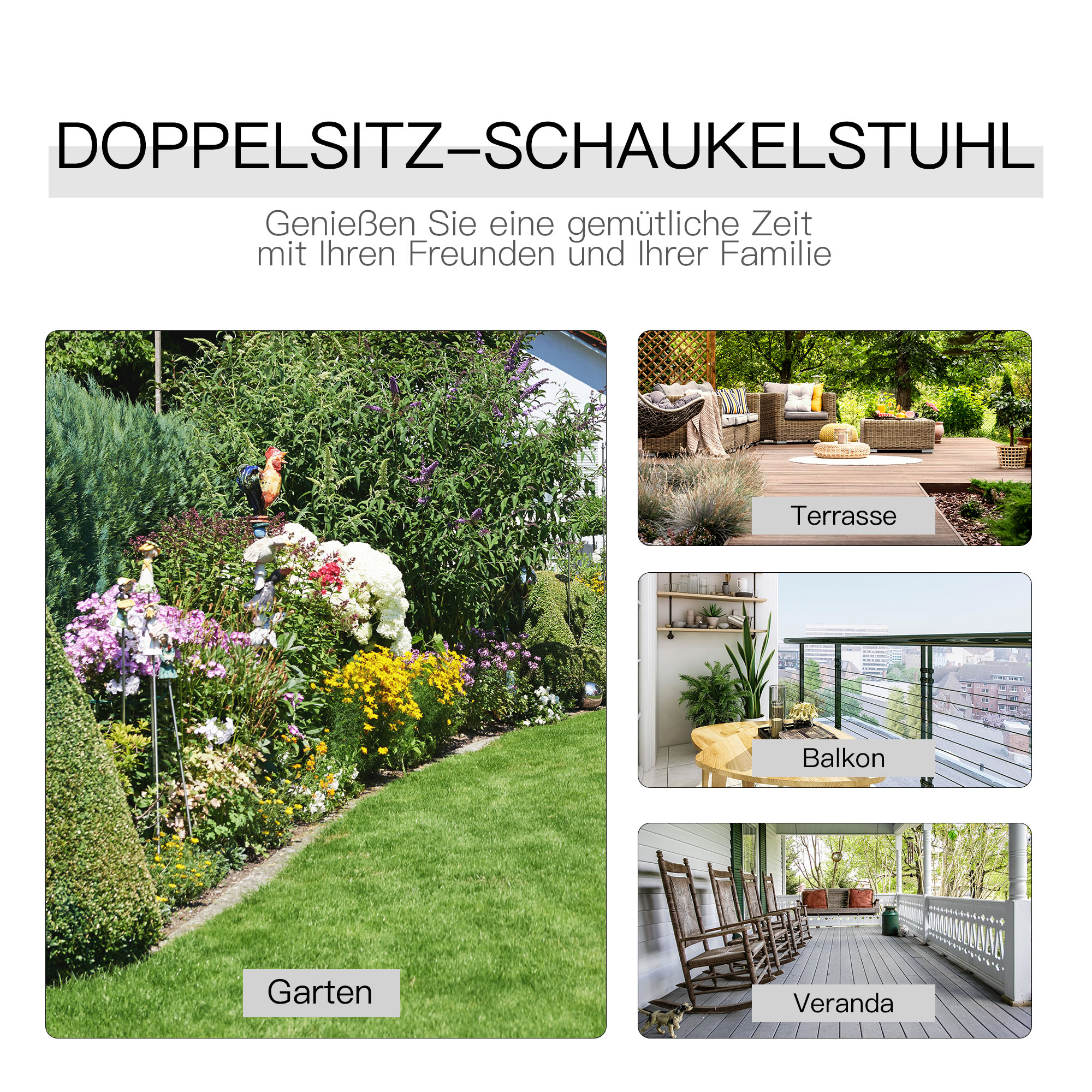 Metaal tuinbank schommelstoel tuinstoel 2-zits met tafel schommel bruin