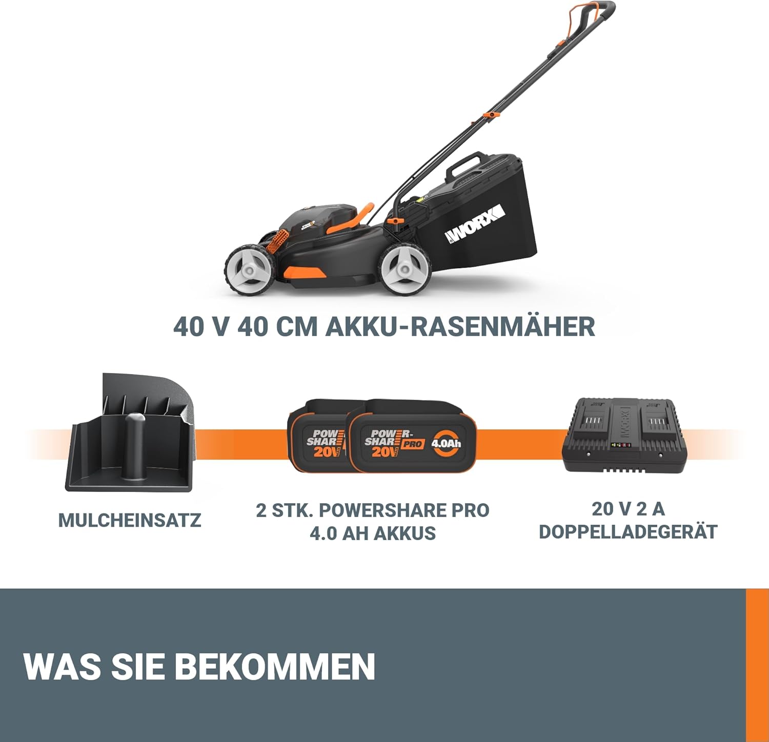 WORX WG743E Akku-Rasenmäher 40V – Profi Rasenmäher mit Mulchfunktion & PowerShare Akku – Rasenmähen ohne Kabel – Ideal für Gärten bis zu 500m²