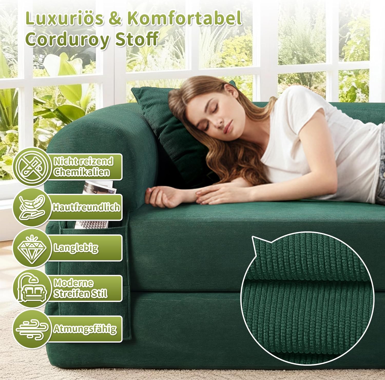 BMMB Bodensofa mit Schlaffunktion, 203cm 3-sitzer Boneless Couch Sofa, Klappbar Schlafsofa Schlafsessel Bed mit 2 Kissen, Moderne Klappsofa Sofabett für Wohnzimmer Schlafzimmer (Dunkelgrün, 8025)