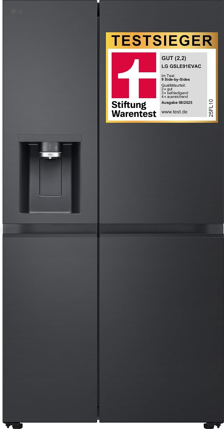 LG GSLE91EVAC Side by Side Kühlschrank, Klasse C, 628 L, Multi-Door Kühlschrank mit Gefrierfach, Eis-, Crushed Ice- Wasserspender mit UVnano, Total NoFrost, Smart Inverter Kompressor, Wi-Fi