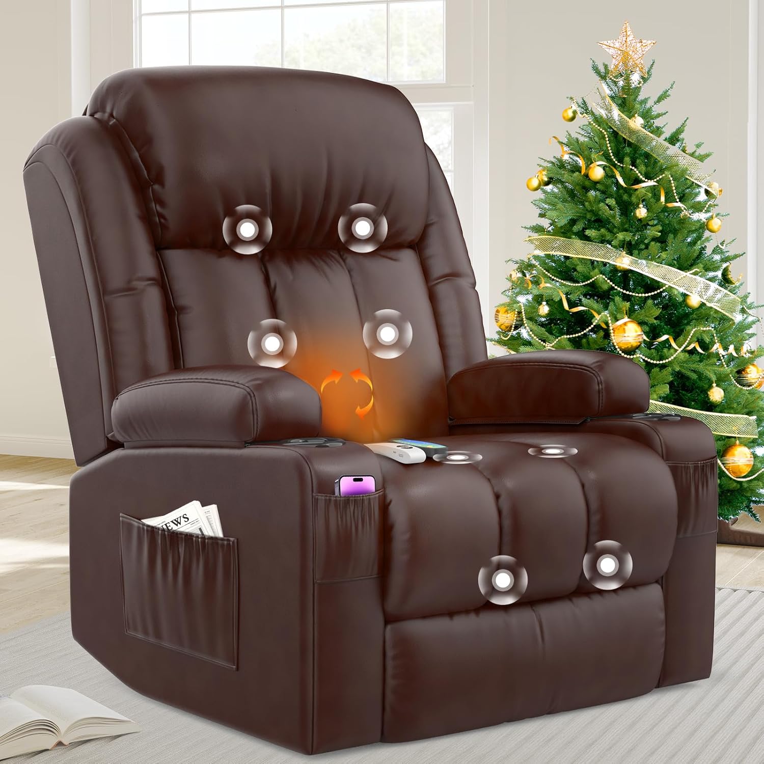 Fernsehsessel Massagesessel Elektrisch Relaxsessel mit Liegefunktion Aufstehhilfe, Massage Heizung, Fußteil, Getränkehalter 4 Seitentaschen,TYP C & USB-Anschlüsse Leder Sessel