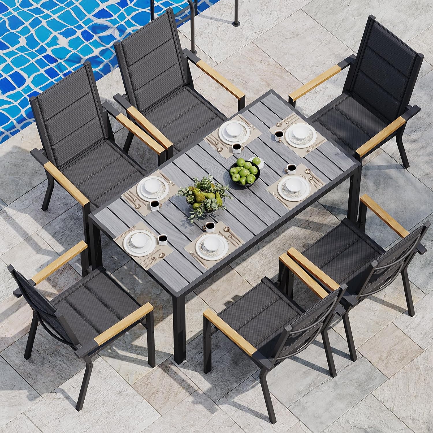 JUMMICO Gartenmöbel Set Terrassen Set Aluminium Gestell mit Holzoptik PS Tischplatte Komfortabler Hochlehner Einfach Montiert,6 Personen Set